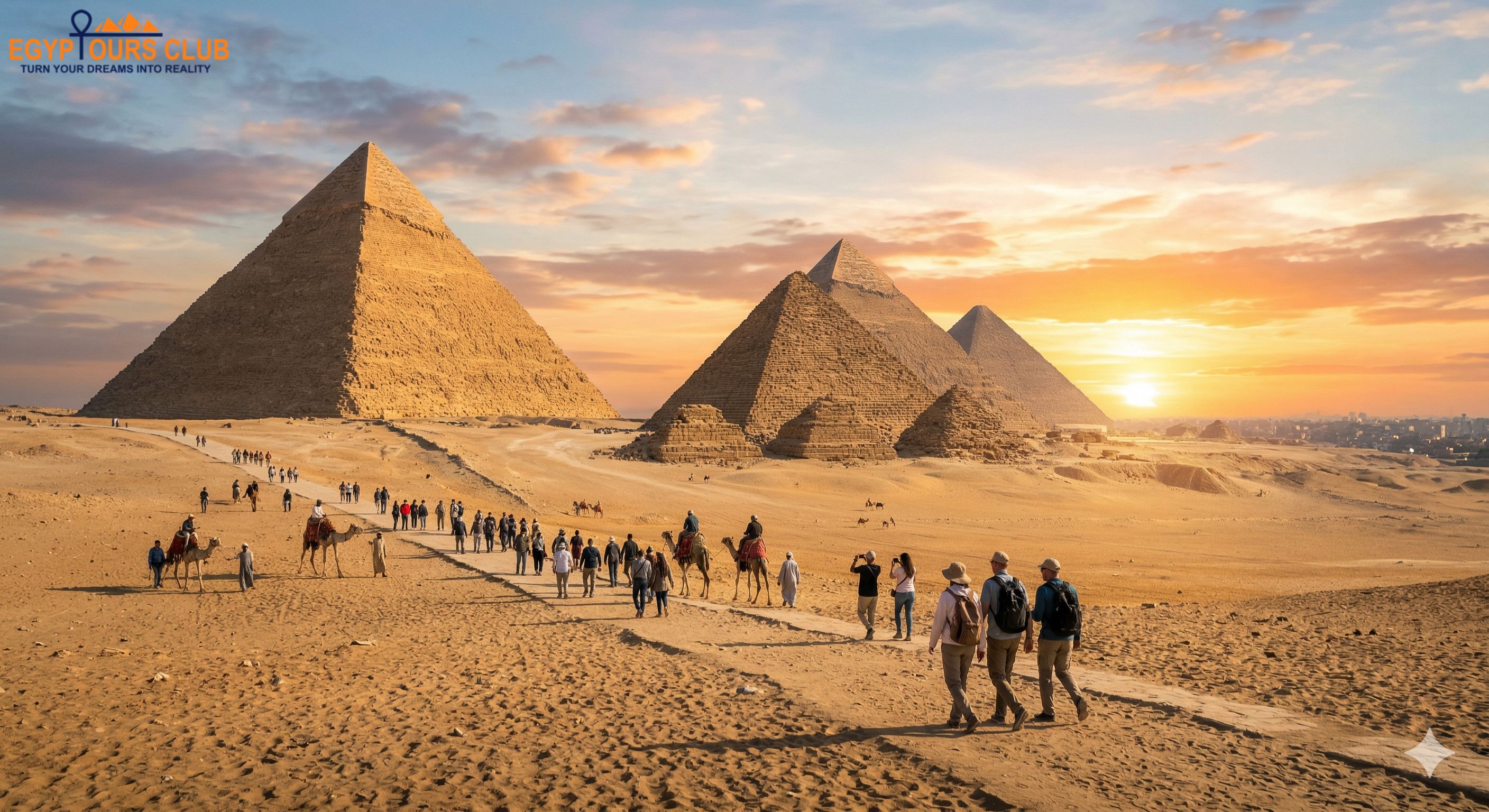 Pyramids of Giza at sunset with travelers and camel riders on the desert plateau