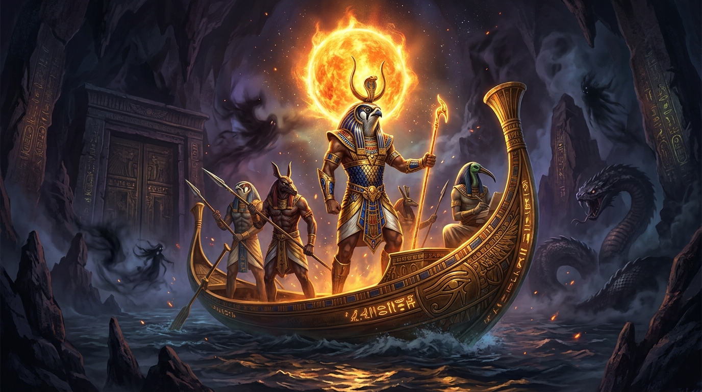 Illustration of the sun god Ra on his nocturnal journey through the Duat in ancient Egyptian mythology