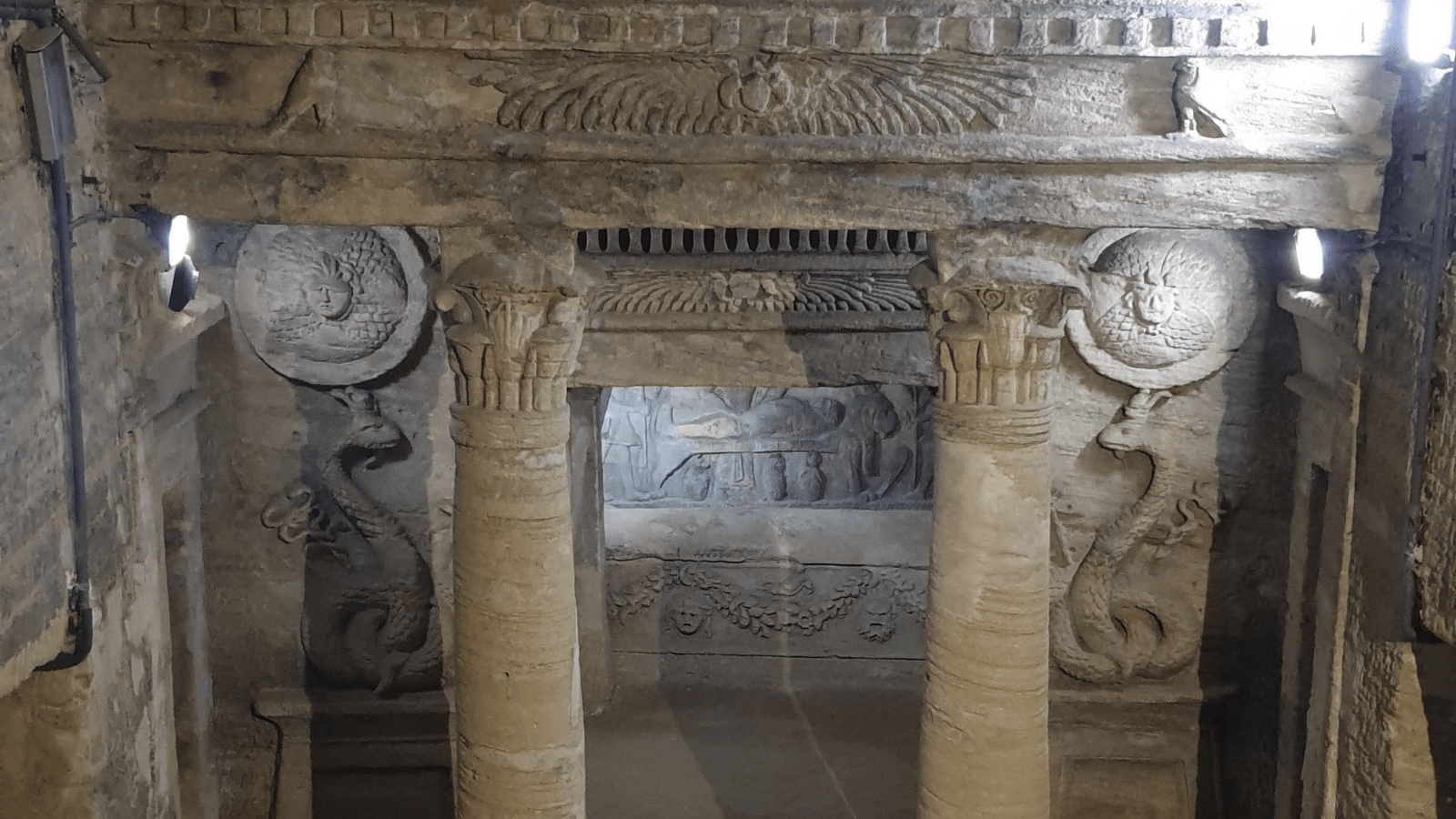 Funerary chamber inside the Catacombs of Kom El Shoqafa in Alexandria
