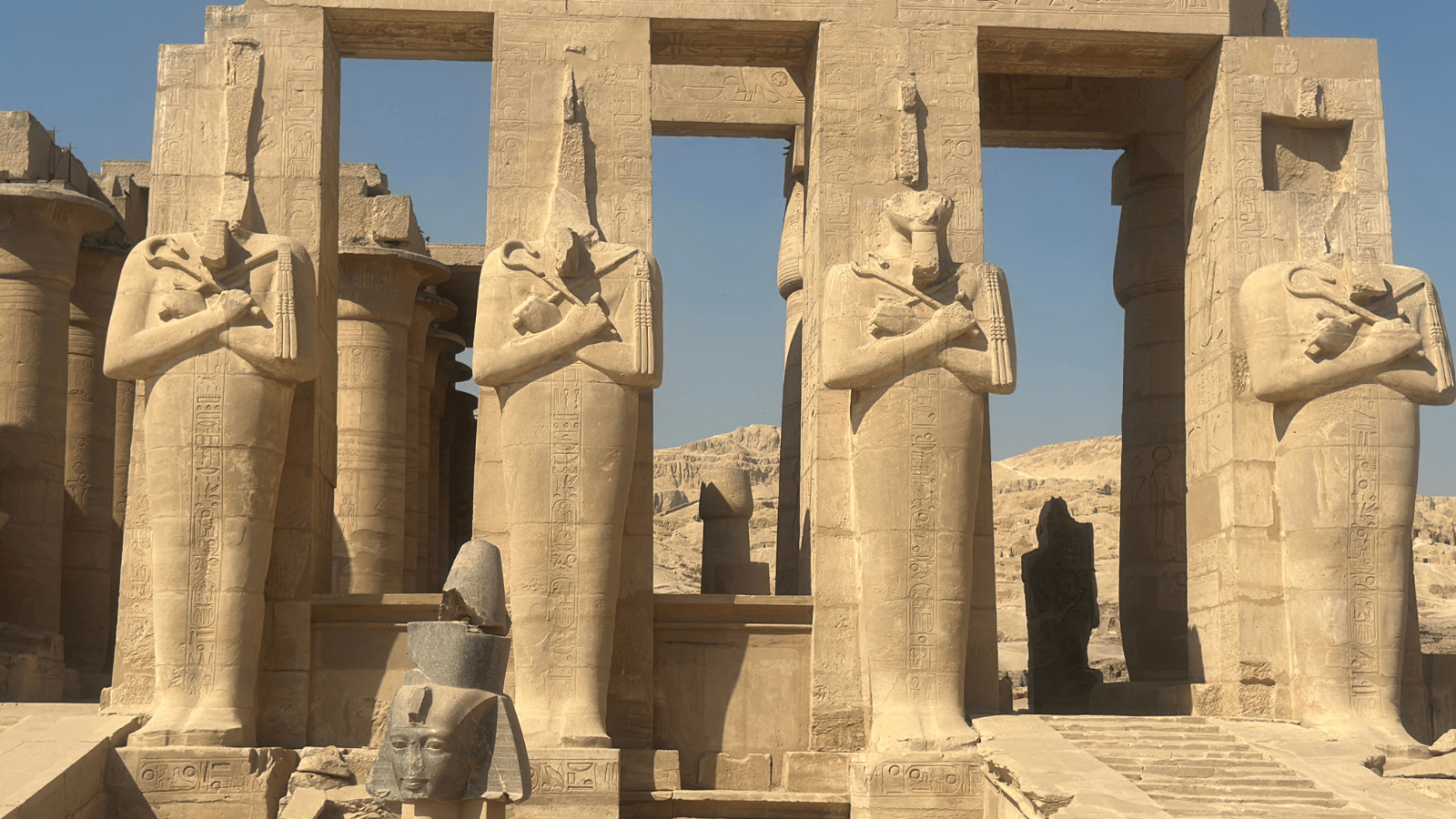 Osiride statues and carved reliefs at the Ramesseum in Luxor