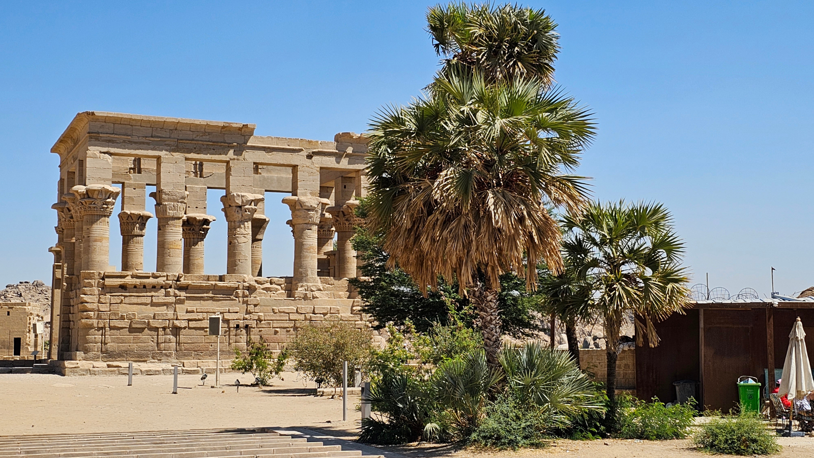 Philae Temple columns and palm trees within the Agilkia Island complex