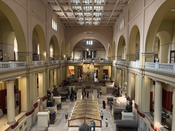Central hall and display cases inside the historic Egyptian Museum in Cairo