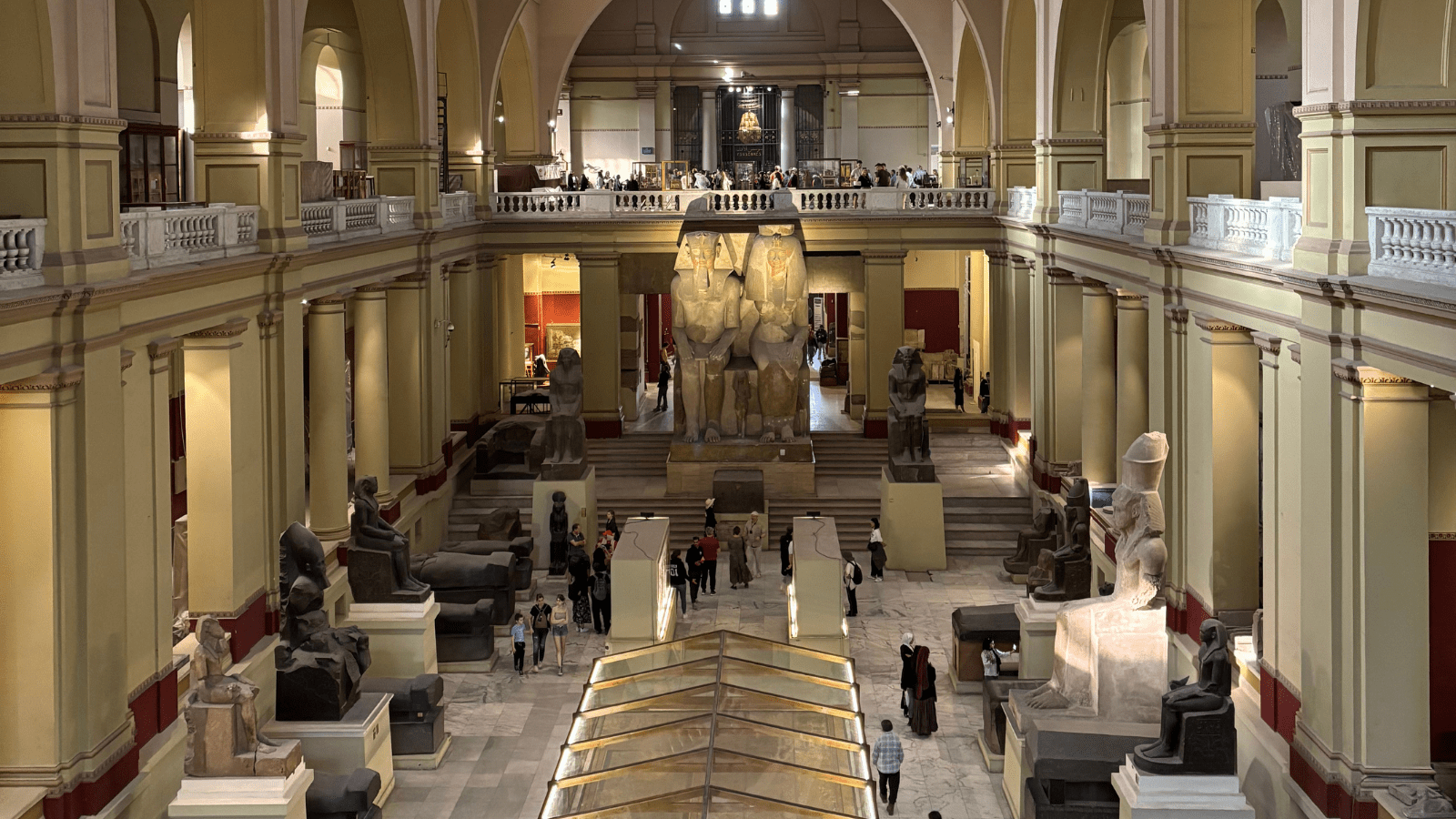 Egyptian Museum Cairo central hall with statues and galleries