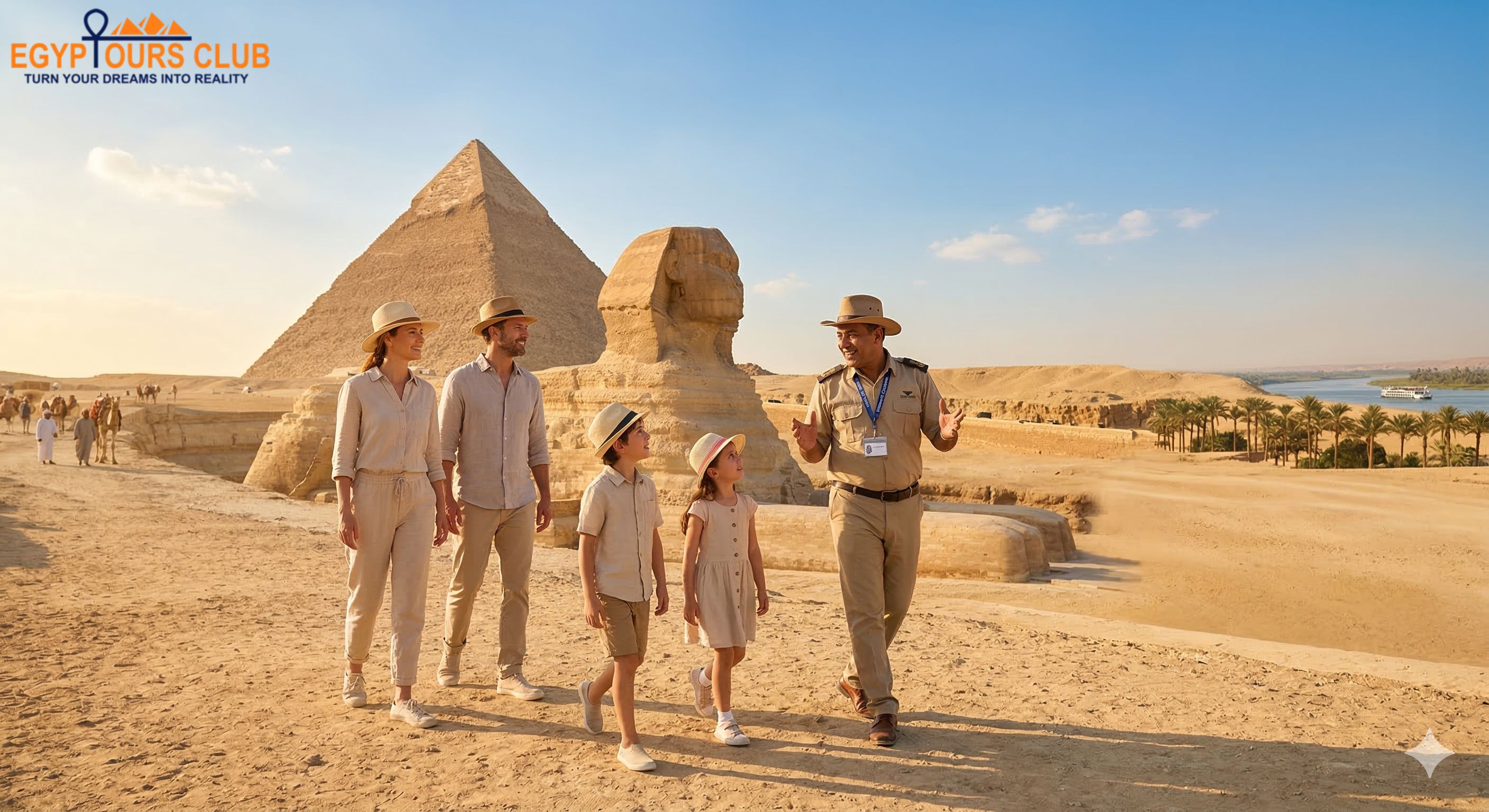 Famiglia con guida privata davanti alla Sfinge e alle Piramidi di Giza