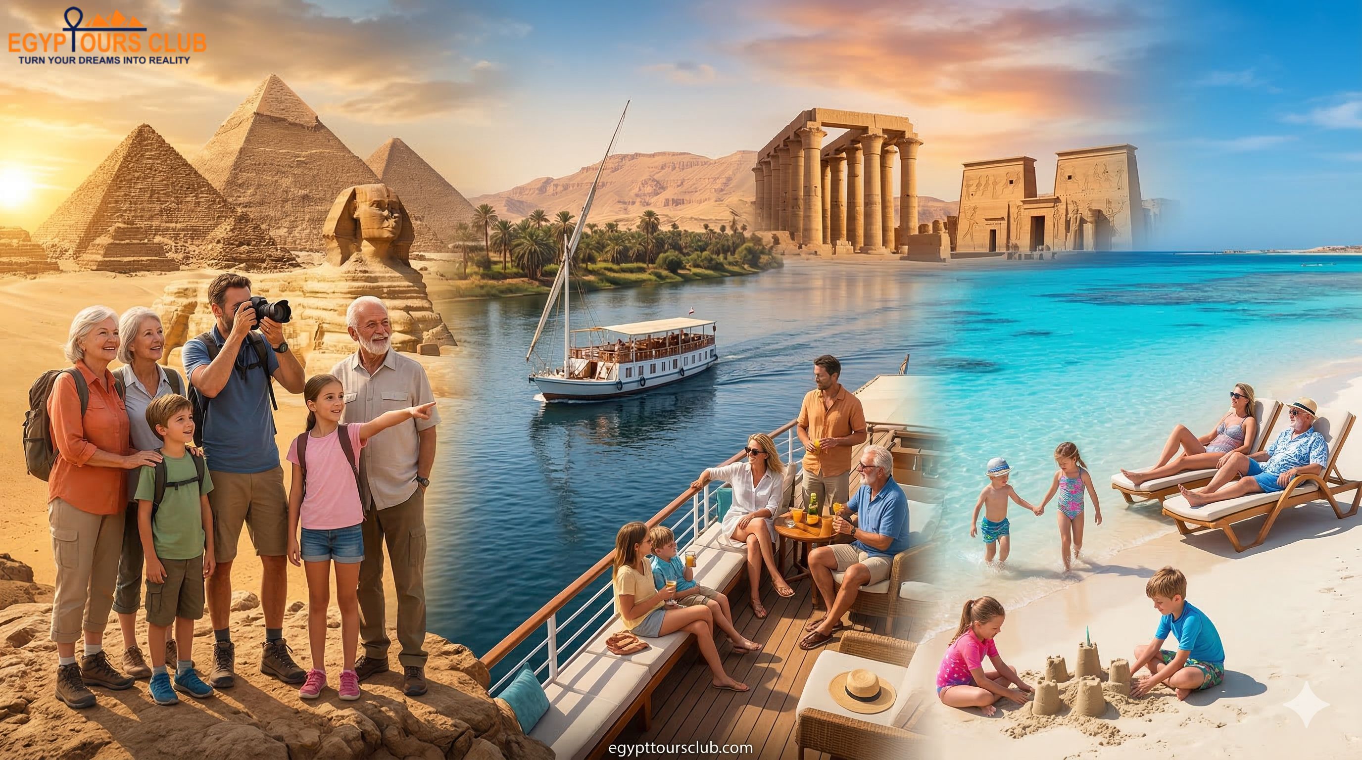 Multi-generation family exploring the Pyramids, Nile and Red Sea in Egypt