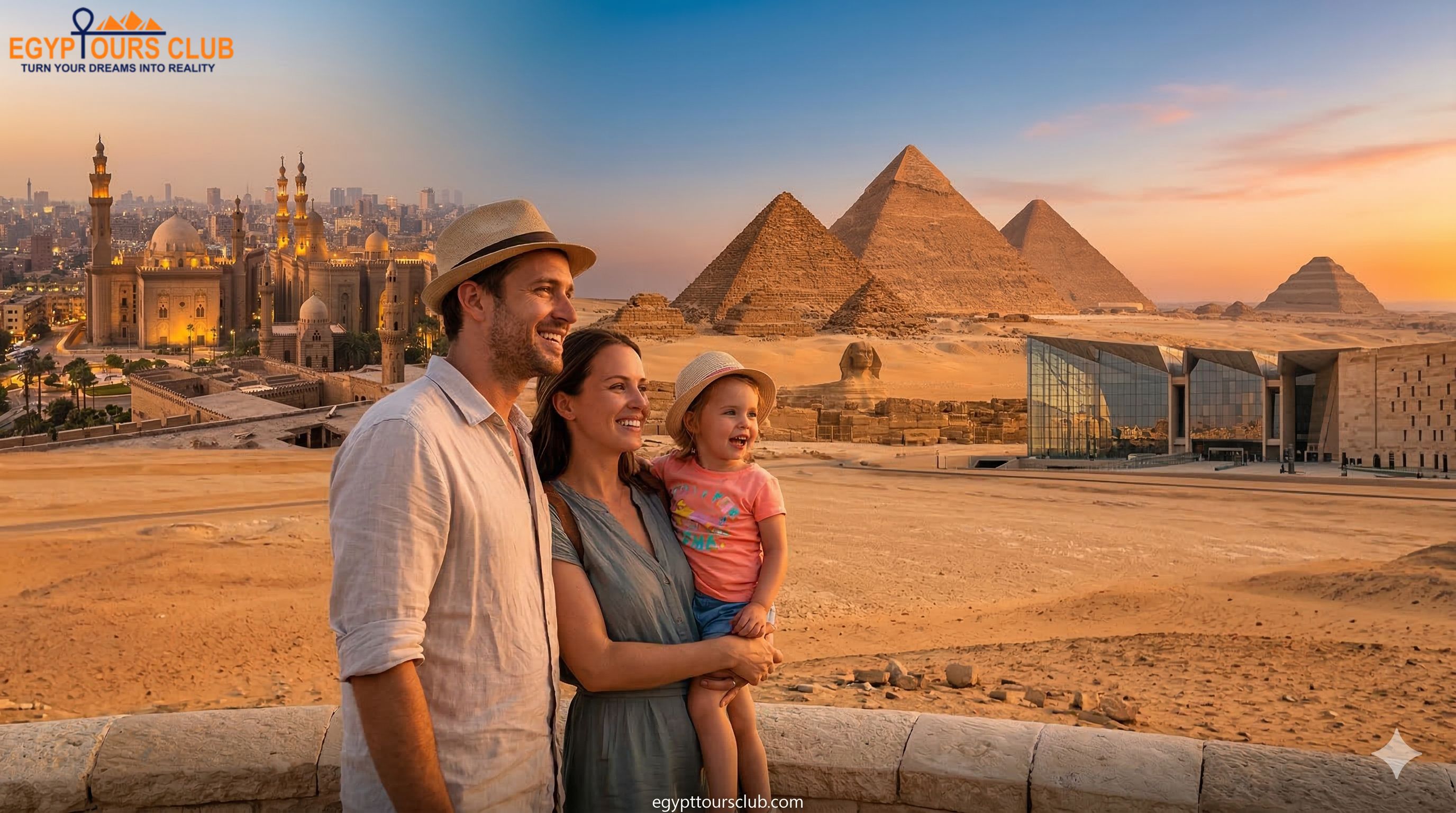 Family enjoying Egypt tour with pyramids and Cairo landmarks