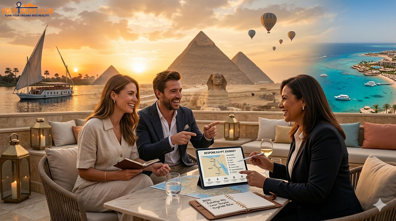 Consulente di viaggio che pianifica un tour su misura in Egitto con ospiti davanti alle Piramidi