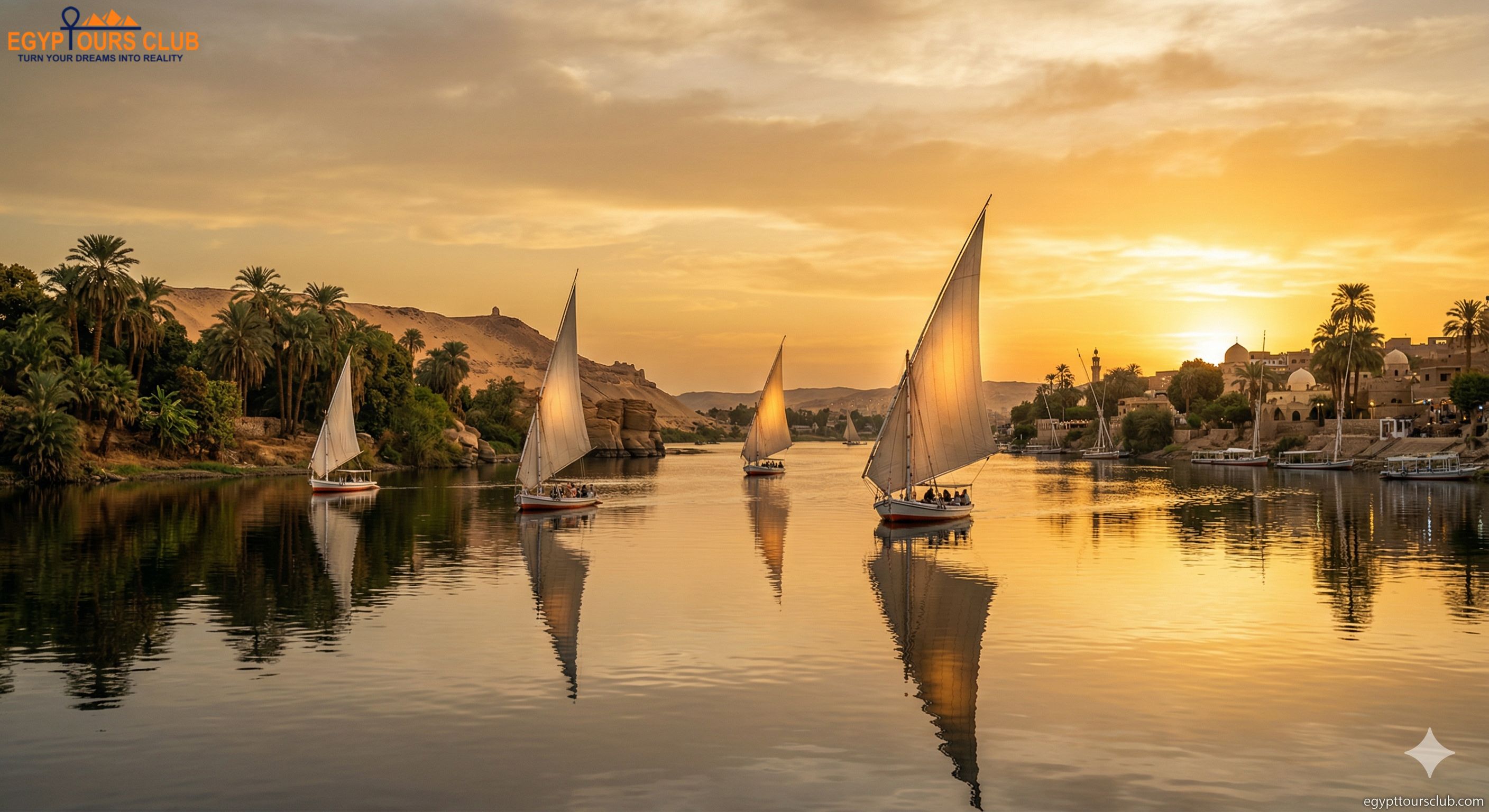 Aswan sightseeing tours with Nile feluccas and golden sunset