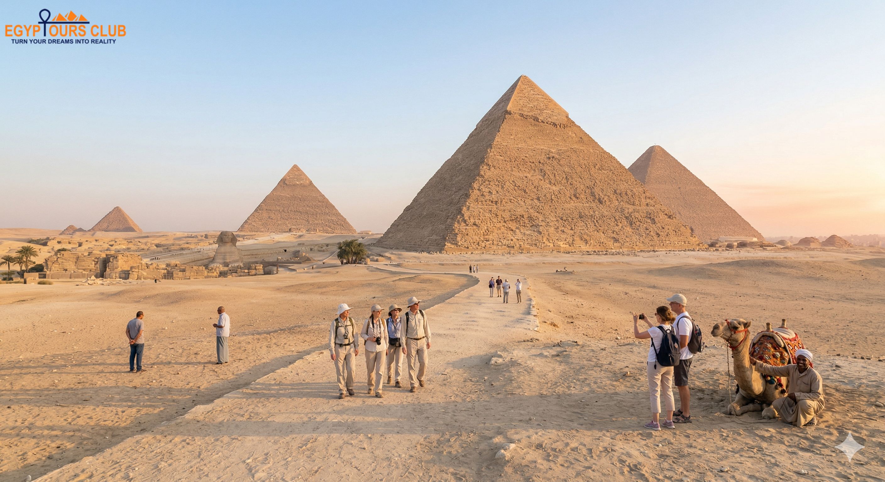 Travelers visiting the Pyramids of Giza at golden hour with camel and desert views