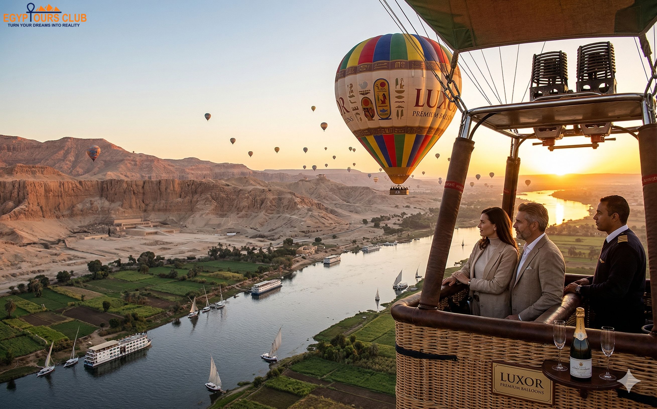 Hot air balloon over Luxor at sunrise