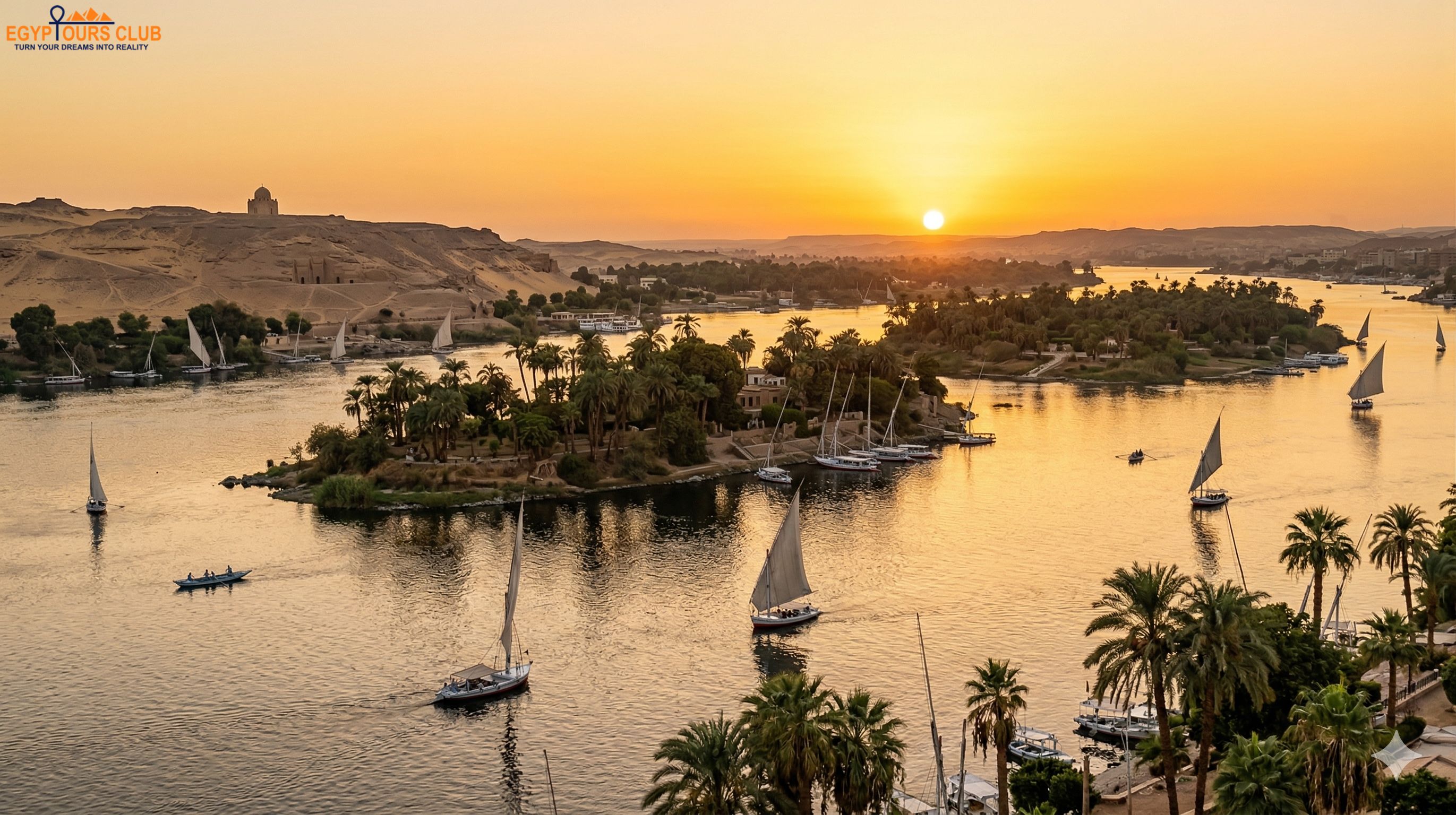 Nile River and islands in Aswan at sunset