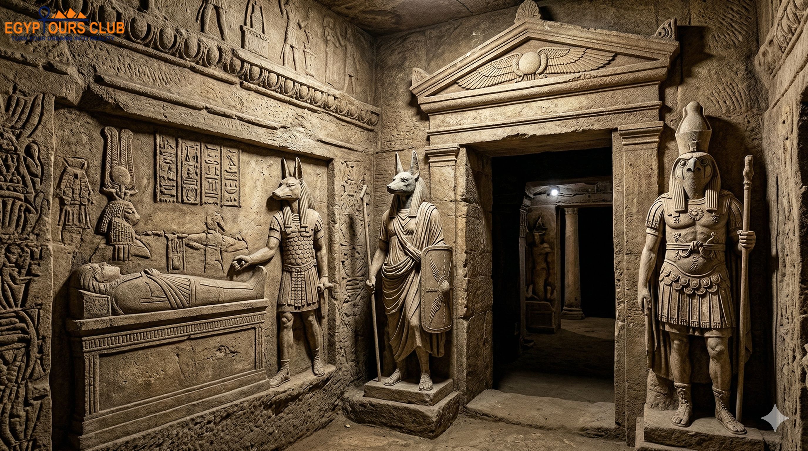 Kom El Shoqafa tomb chamber with Egyptian and Roman style carvings