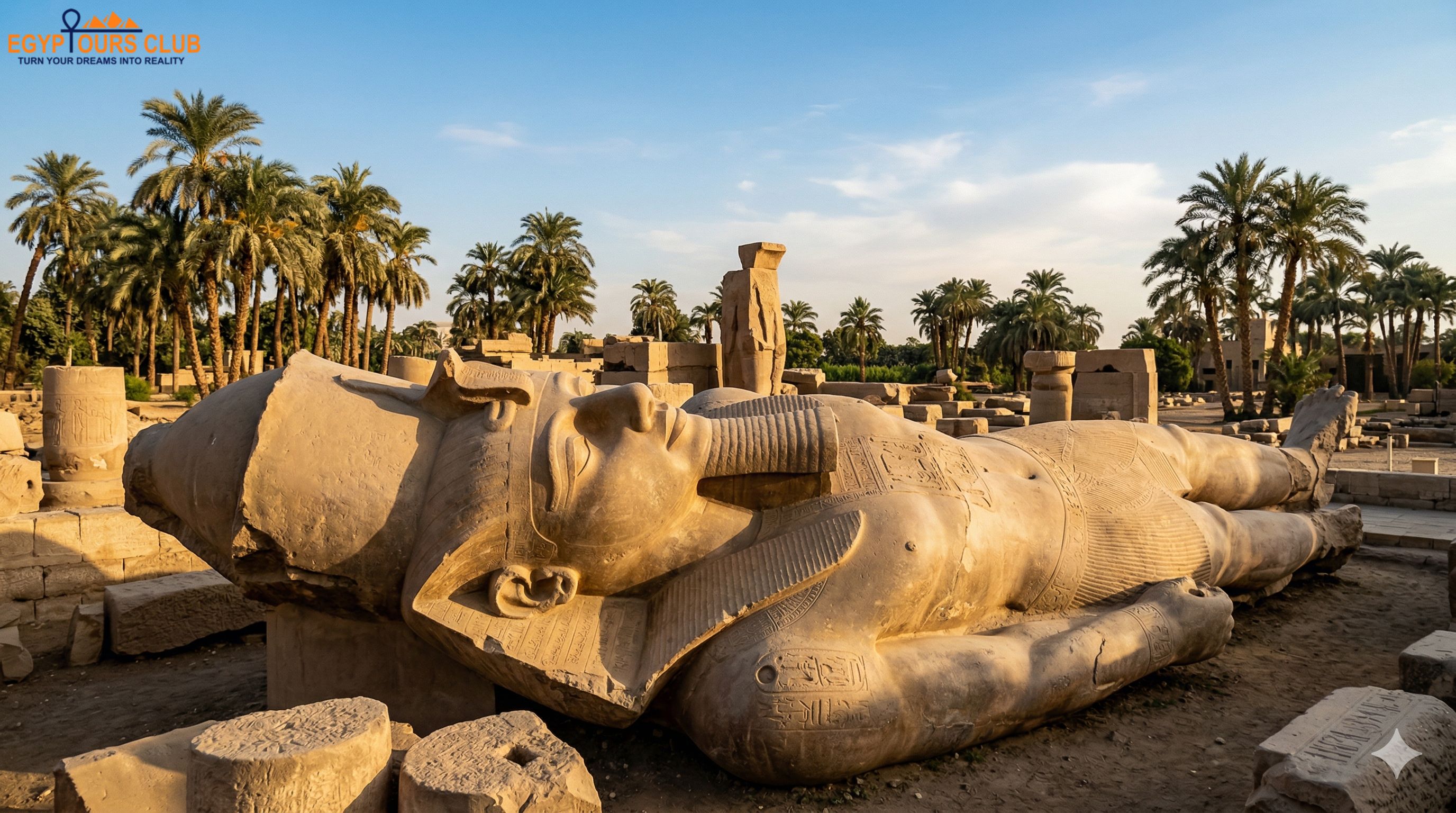 Colossal Ramses II statue lying in Memphis Egypt open-air museum