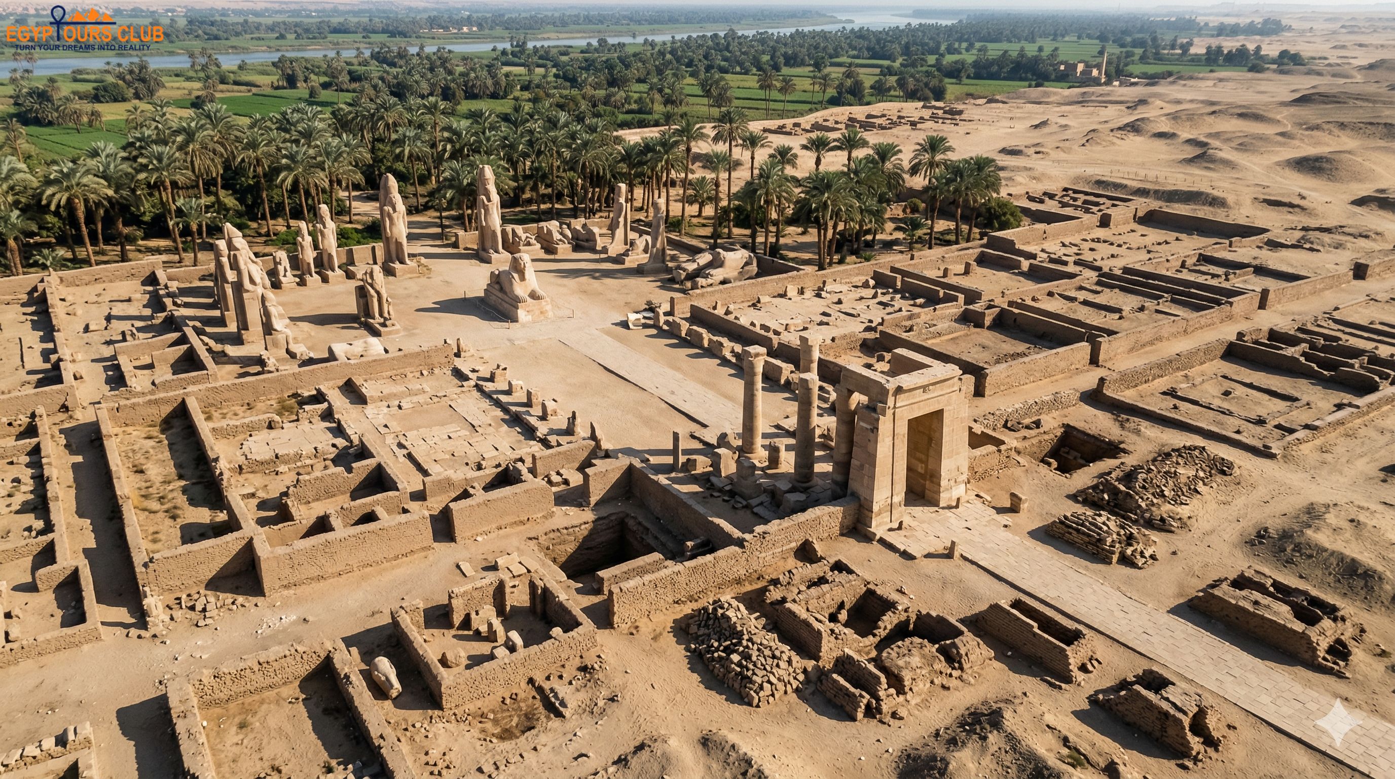 Aerial view of Memphis Egypt ruins and palm groves