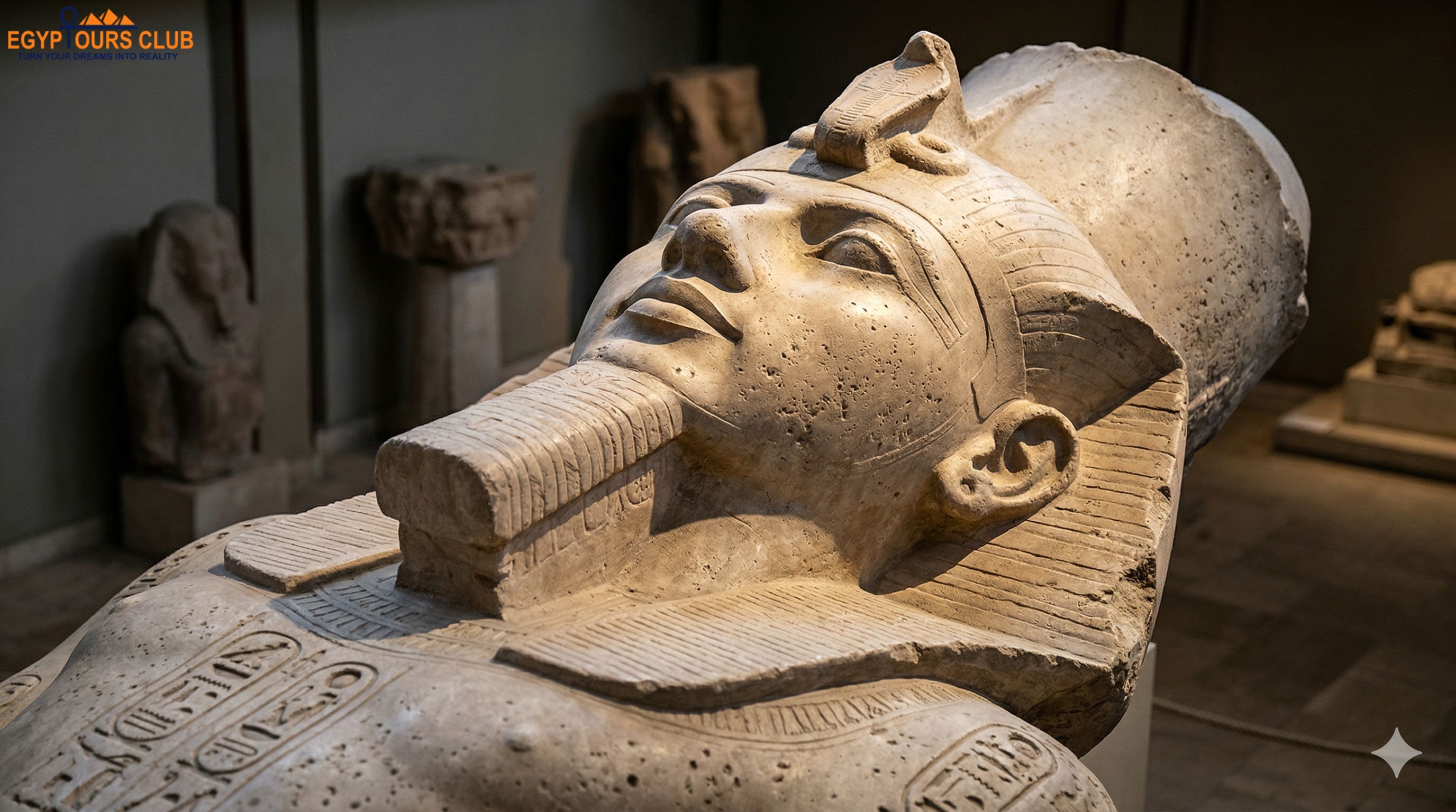 Close detail of Ramses II statue in Memphis Egypt
