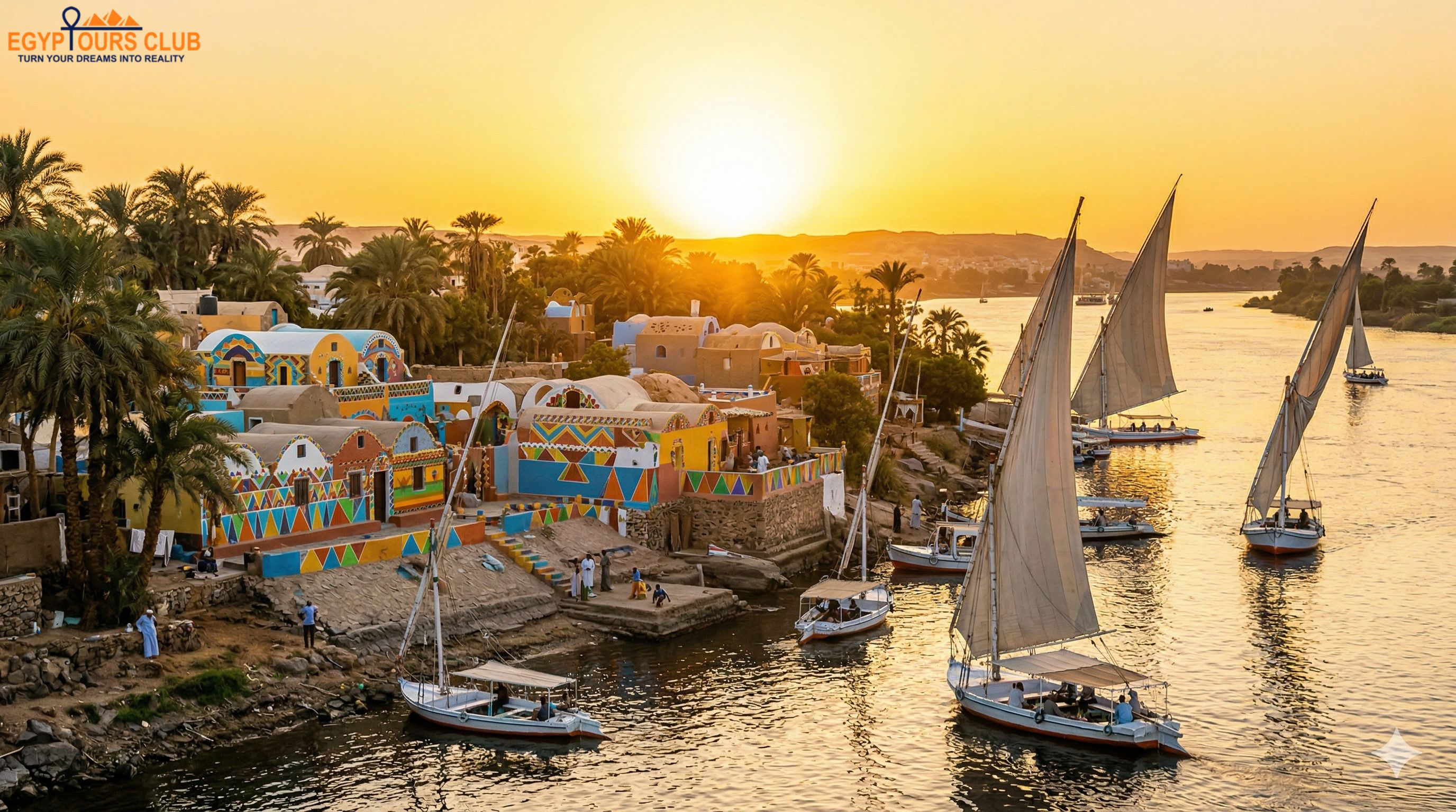 Nubian Village Aswan Egypt colorful houses beside the Nile at sunset