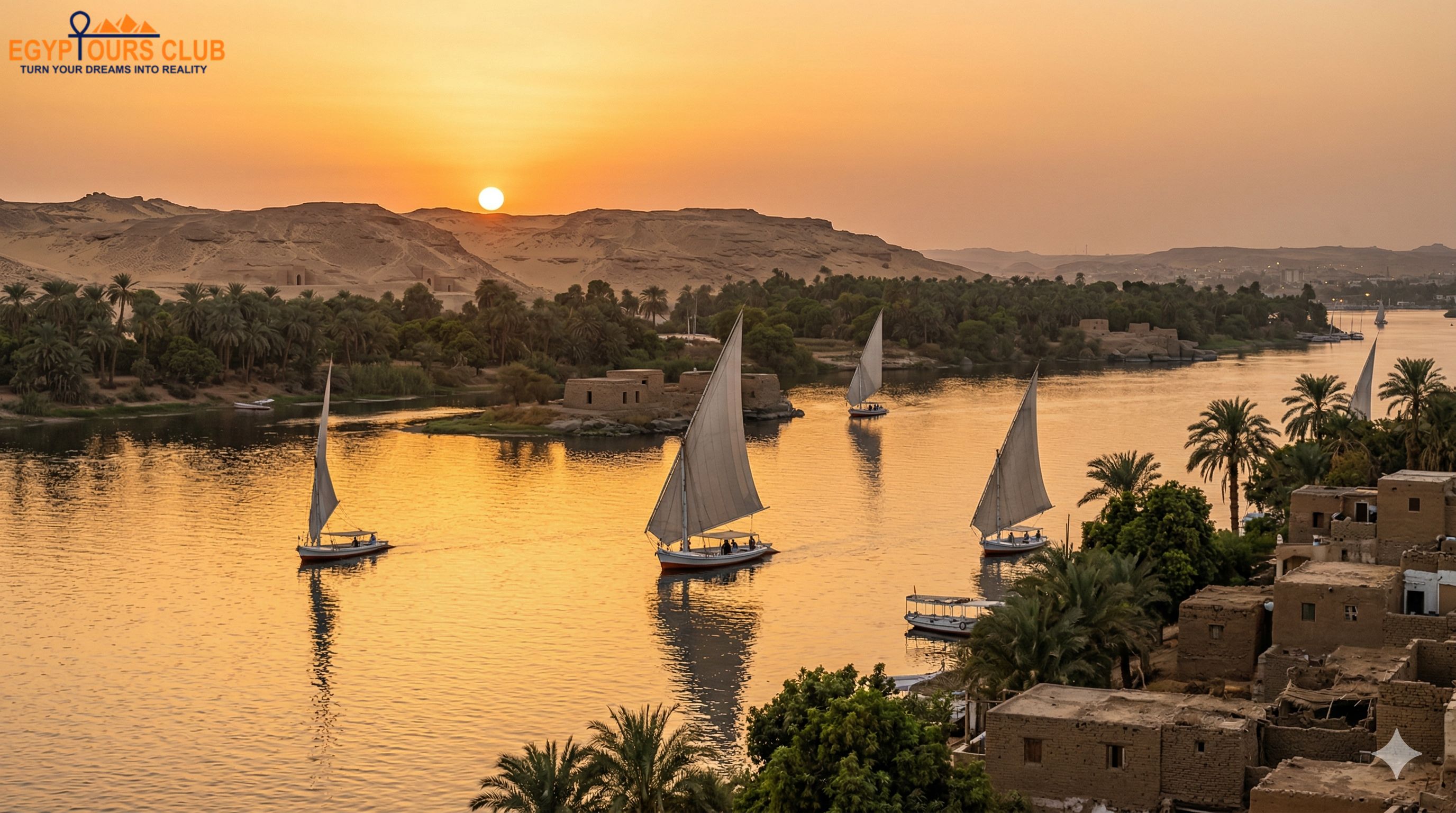 Nile River Aswan Egypt sunset with feluccas and islands