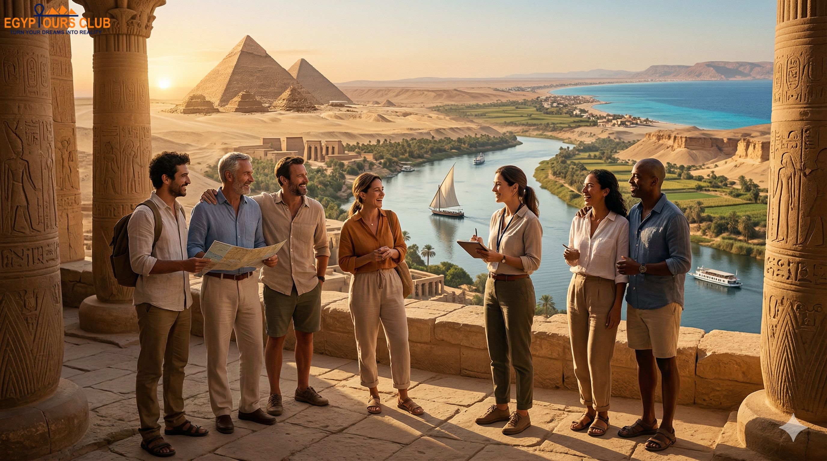 Egypt Group Tour Packages with an Egyptologist guide and travelers at an ancient temple