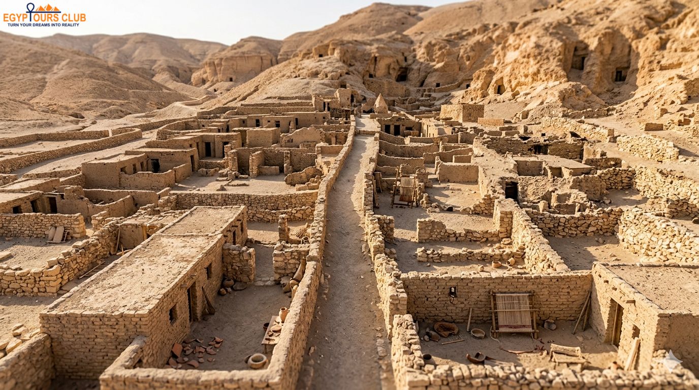 Stone houses and central street in Deir el-Medina workers village Luxor