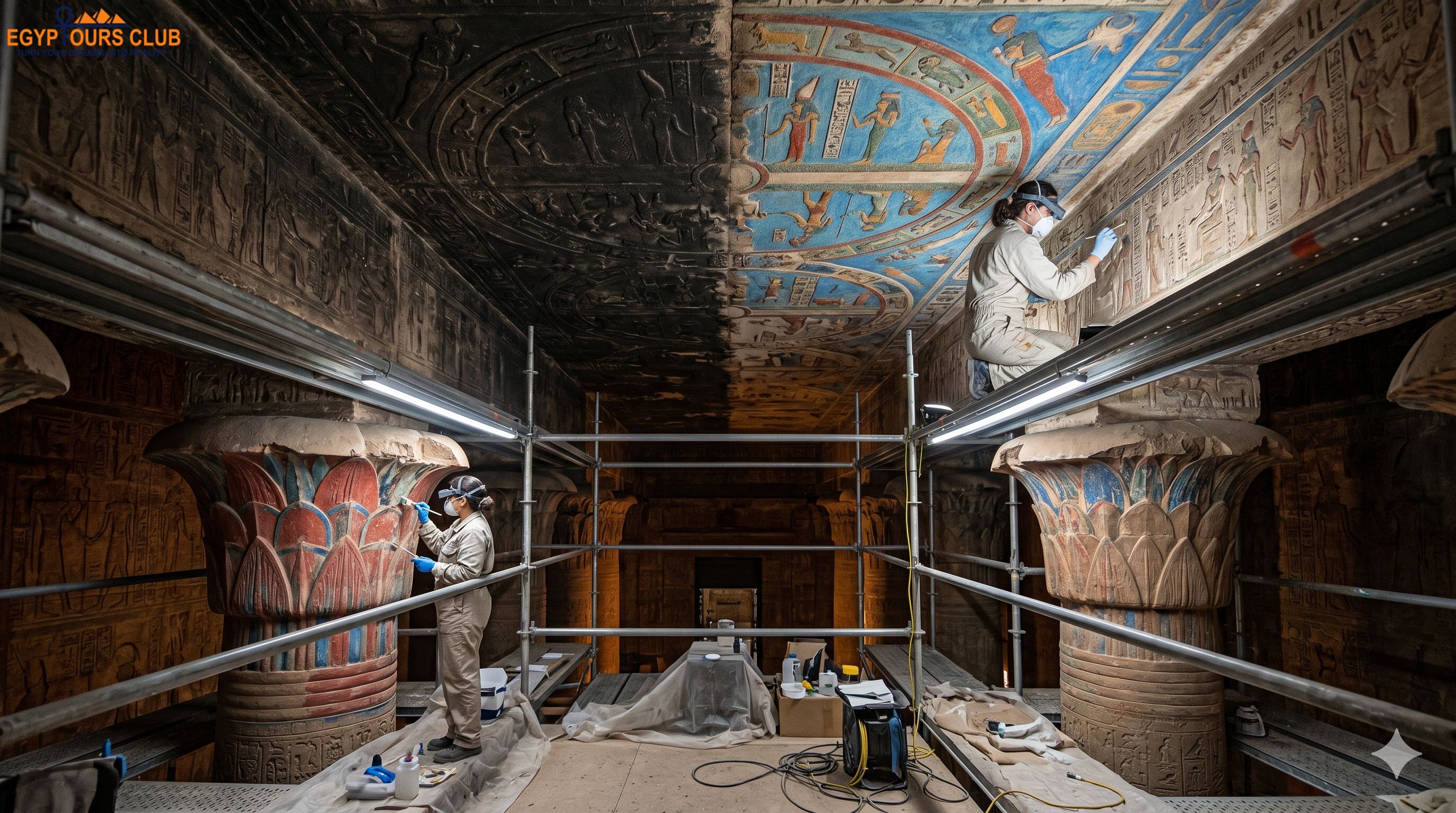 Esna Temple restoration revealing vivid colors
