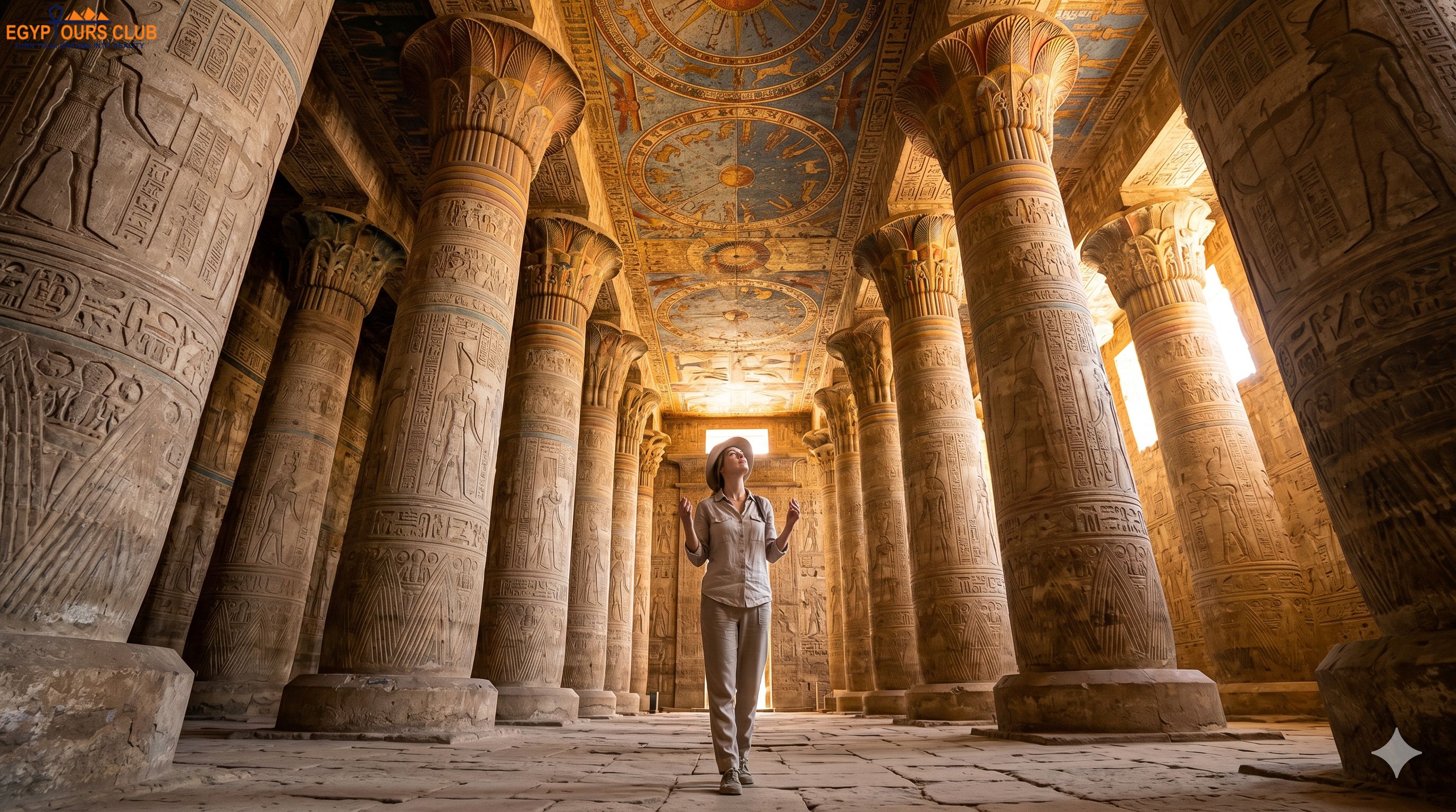 Visitor inside Esna Temple admiring columns and ceiling
