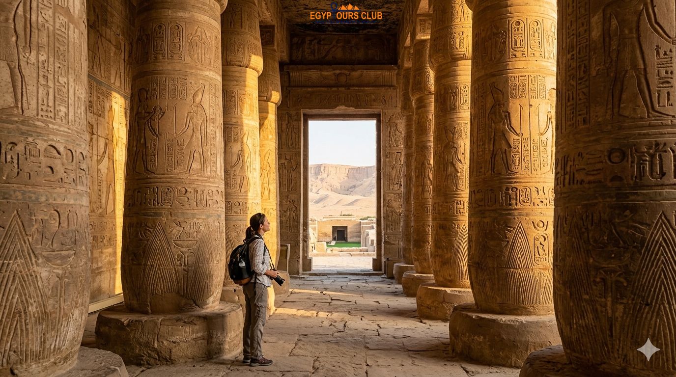 Visitor exploring the Temple of Seti I at Abydos