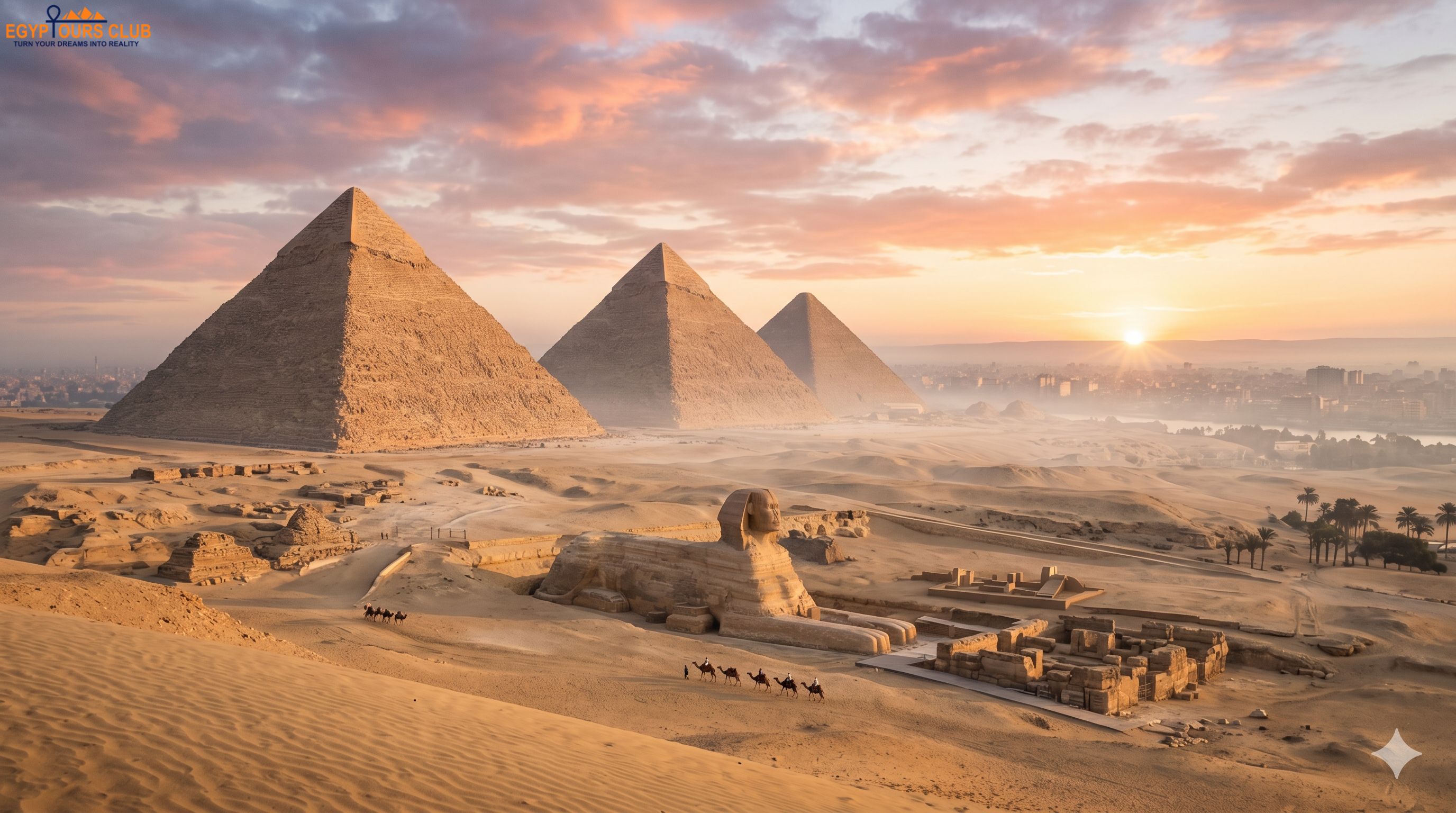 Panoramic view of the Pyramids of Giza and the Great Sphinx in Cairo
