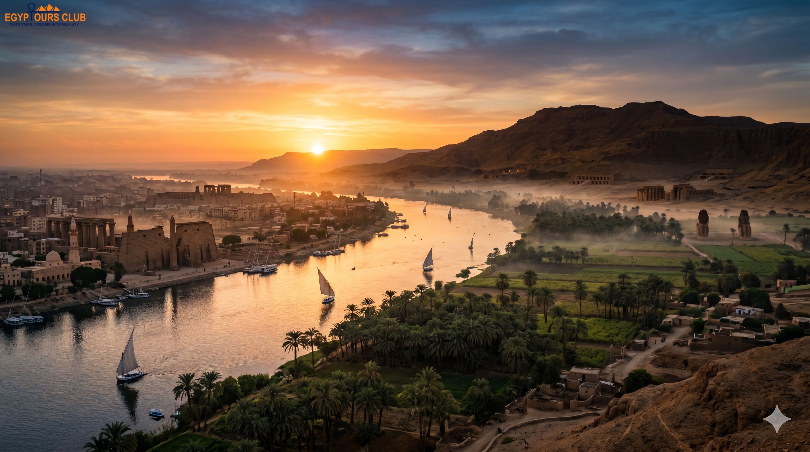Luxor and its temples along the Nile at sunset
