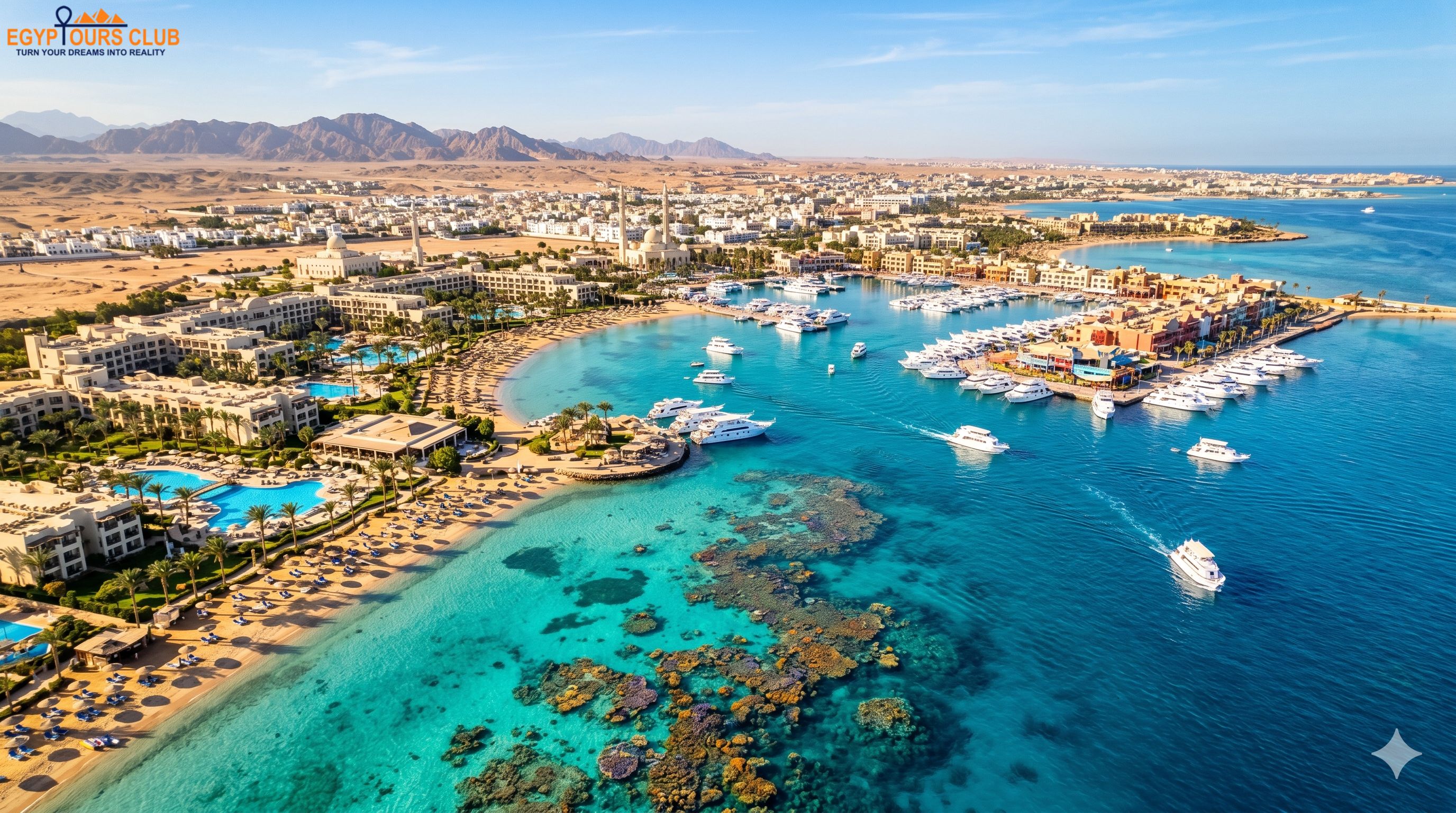 Aerial view of Hurghada Red Sea marina resorts coral reefs and turquoise coastline
