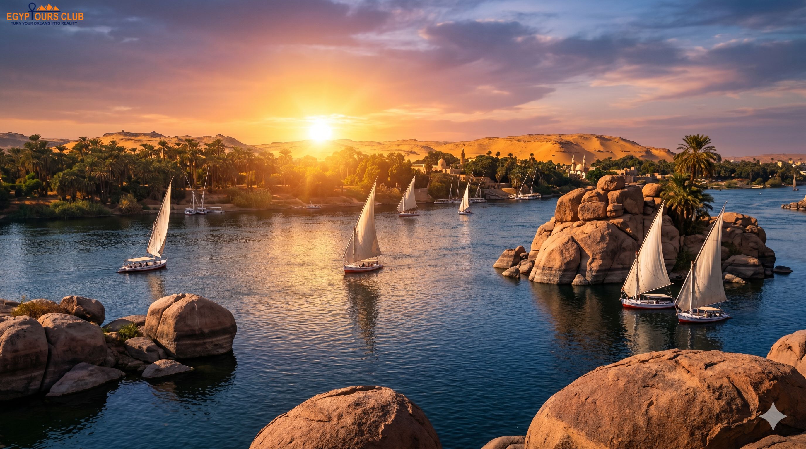 Aswan Nile feluccas and river scenery