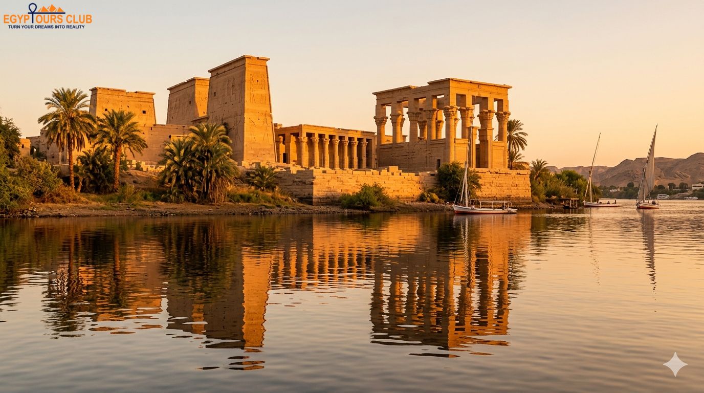 Philae Temple reflected in the Nile at golden hour
