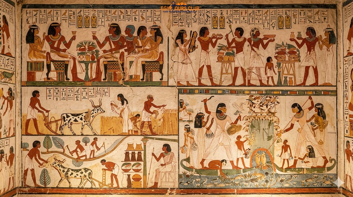 Daily life scenes painted on the walls of a noble’s tomb in the Valley of the Nobles.