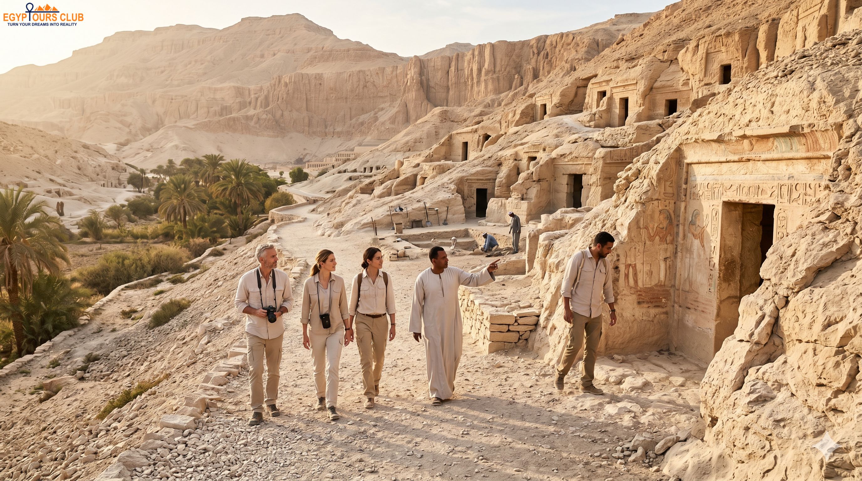 Travelers visiting tomb entrances in the Valley of the Nobles on Luxor’s west bank.