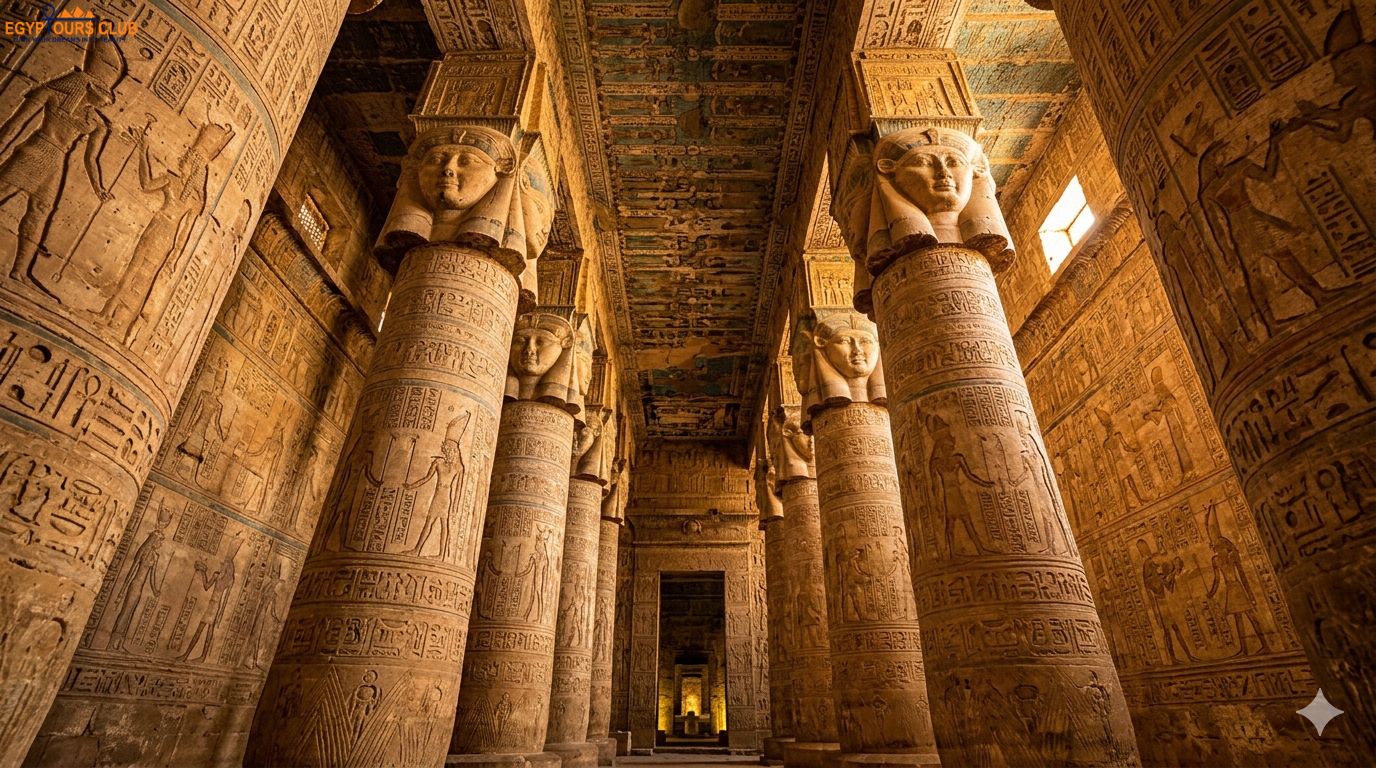 Dendera Temple interior hall with Hathor columns and decorated ceiling