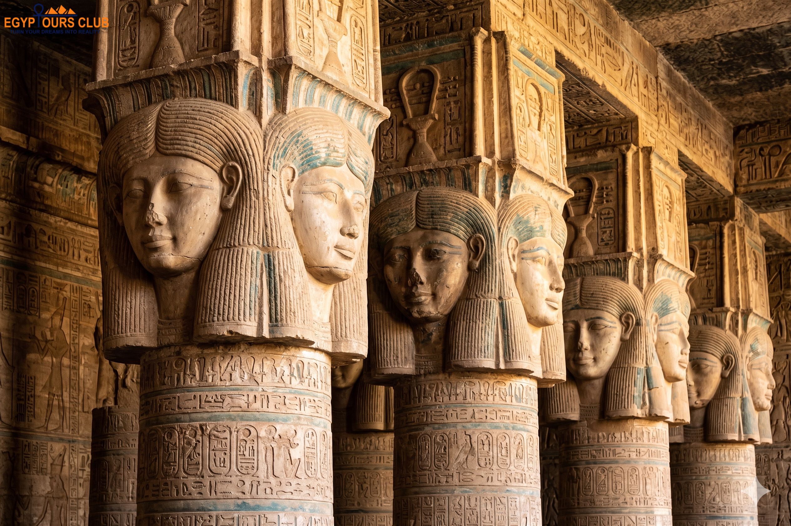 Hathor headed columns inside Temple of Hathor Dendera