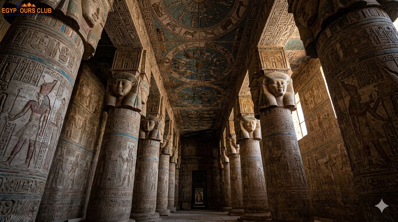 Interior of the Temple of Hathor Dendera with detailed reliefs and an astronomical temple ceiling