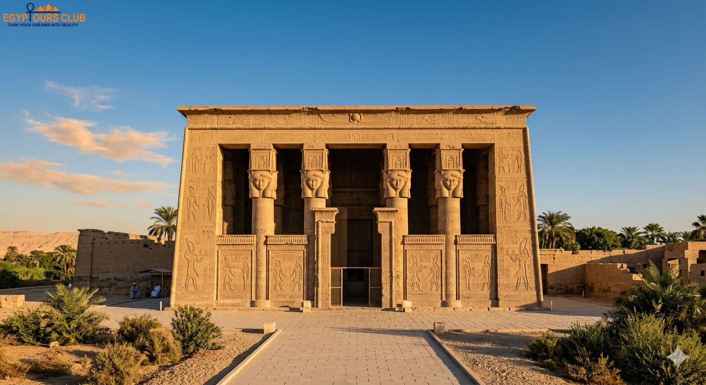 Temple of Hathor at Dendera in warm afternoon light during a cultural day tour from Luxor