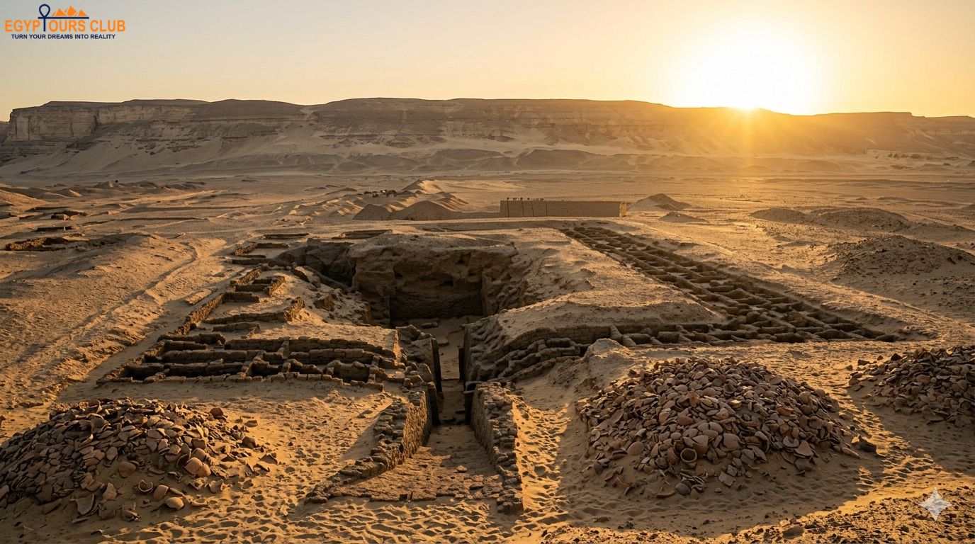 Umm El-Qa'ab in Abydos desert cemetery landscape with early royal tombs