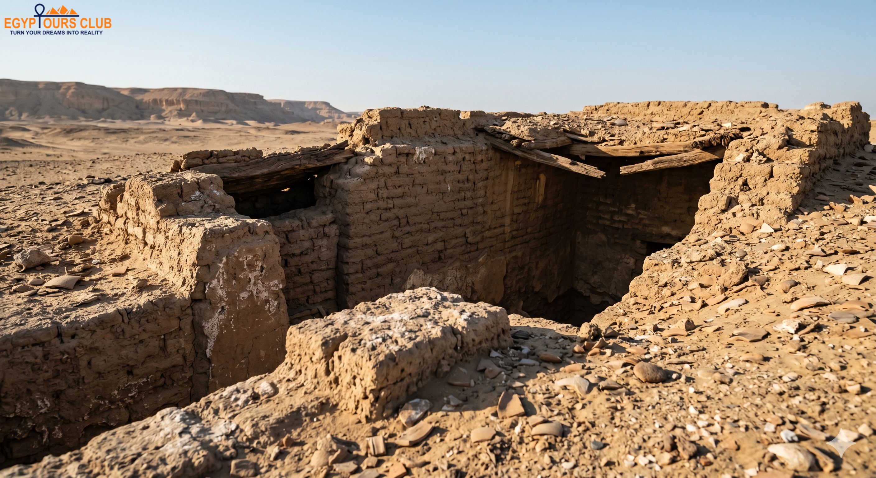 Umm El-Qa’ab in Abydos showing the ancient desert cemetery landscape of Egypt’s earliest royal tombs