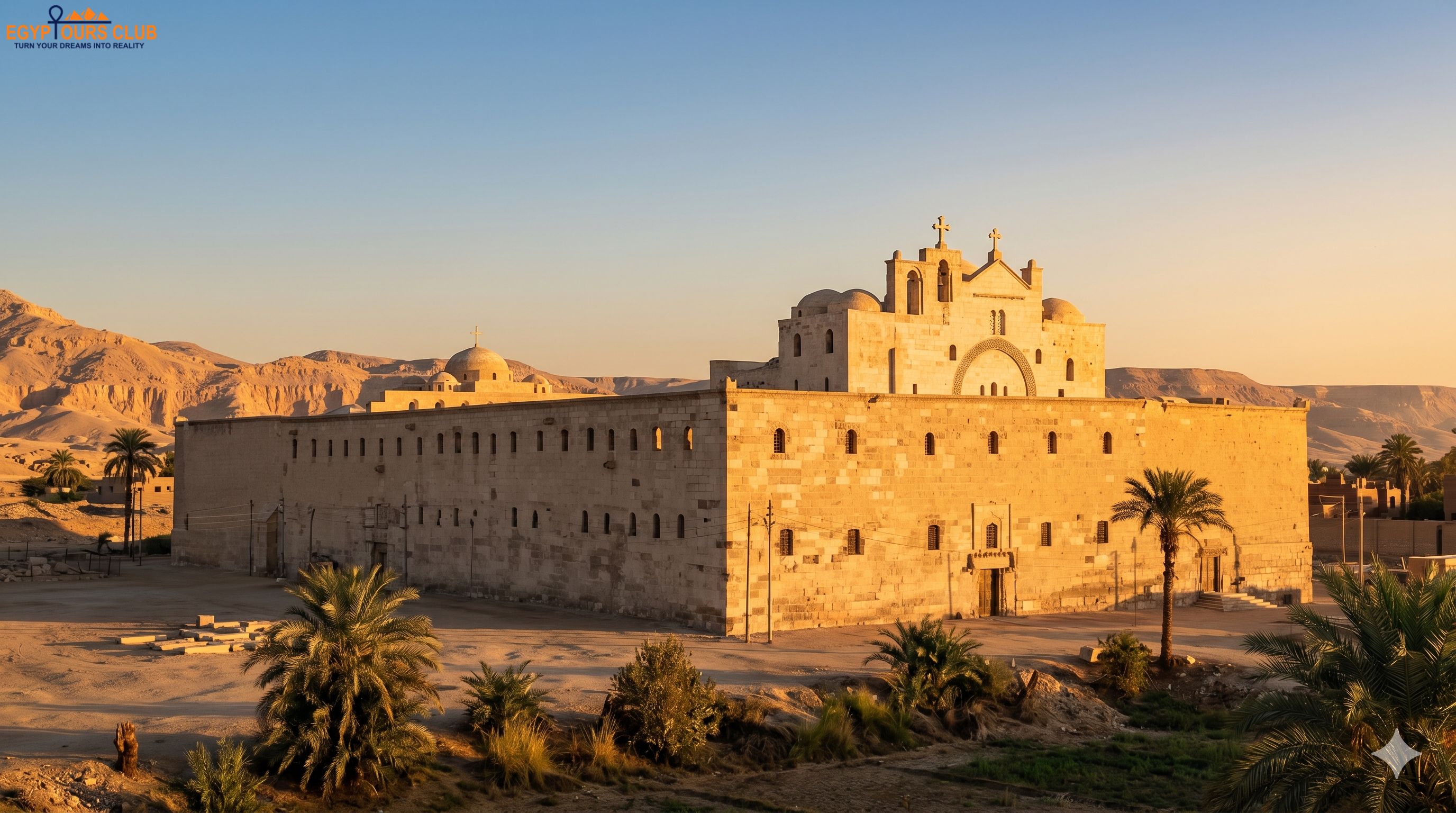 White Monastery Sohag Egypt exterior with white limestone walls and desert landscape