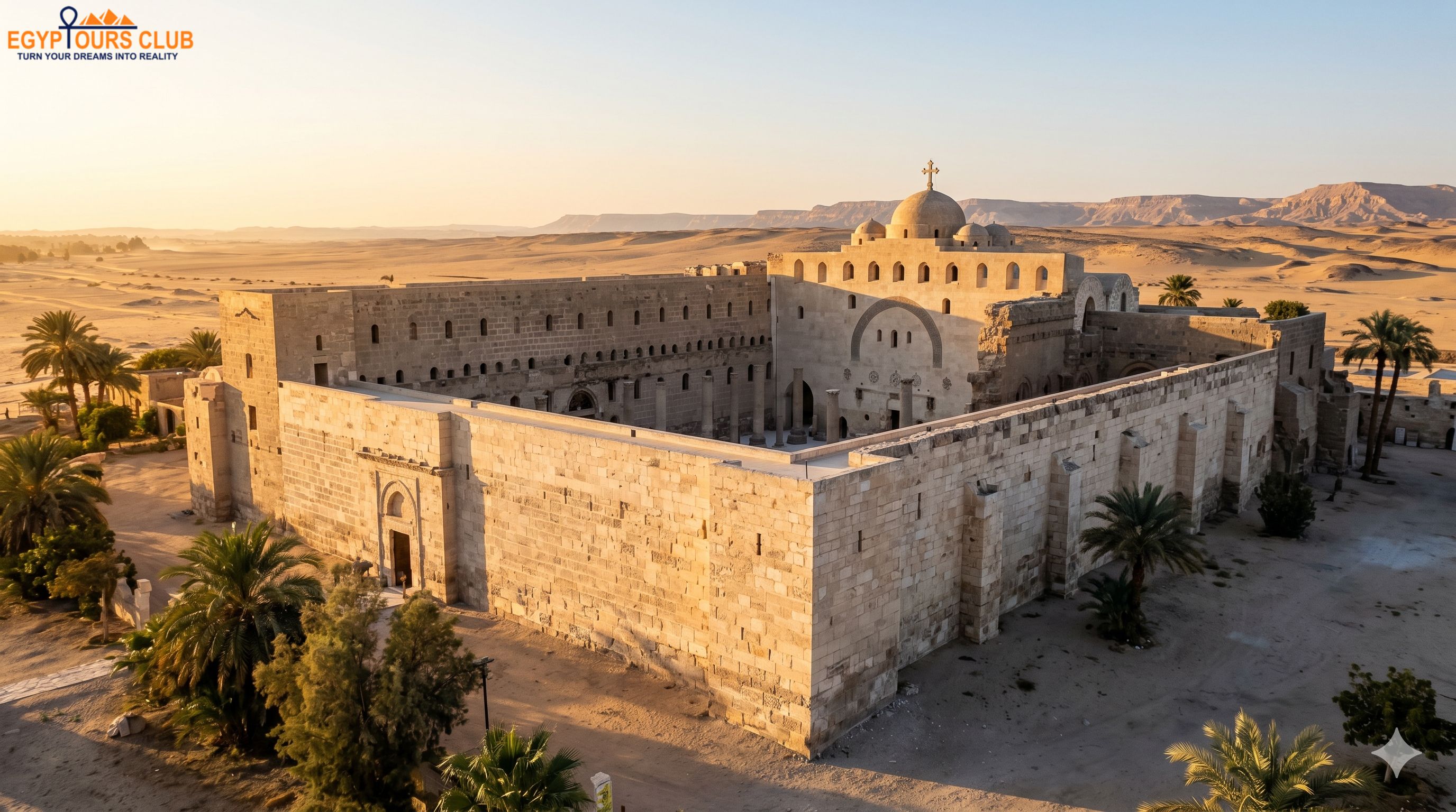 Aerial view of White Monastery Sohag showing monumental limestone architecture