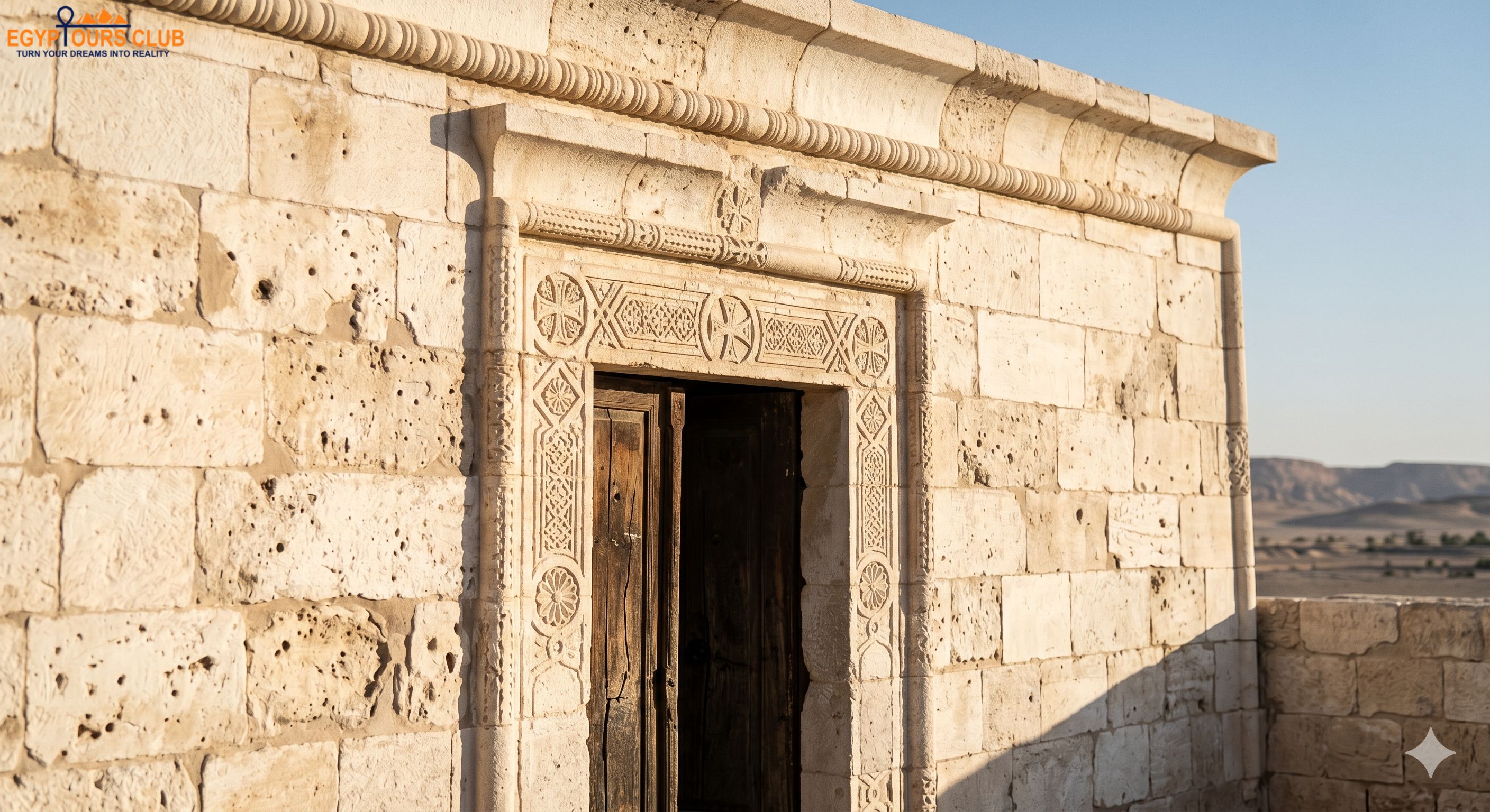 White Monastery carved doorway and limestone wall details in Sohag