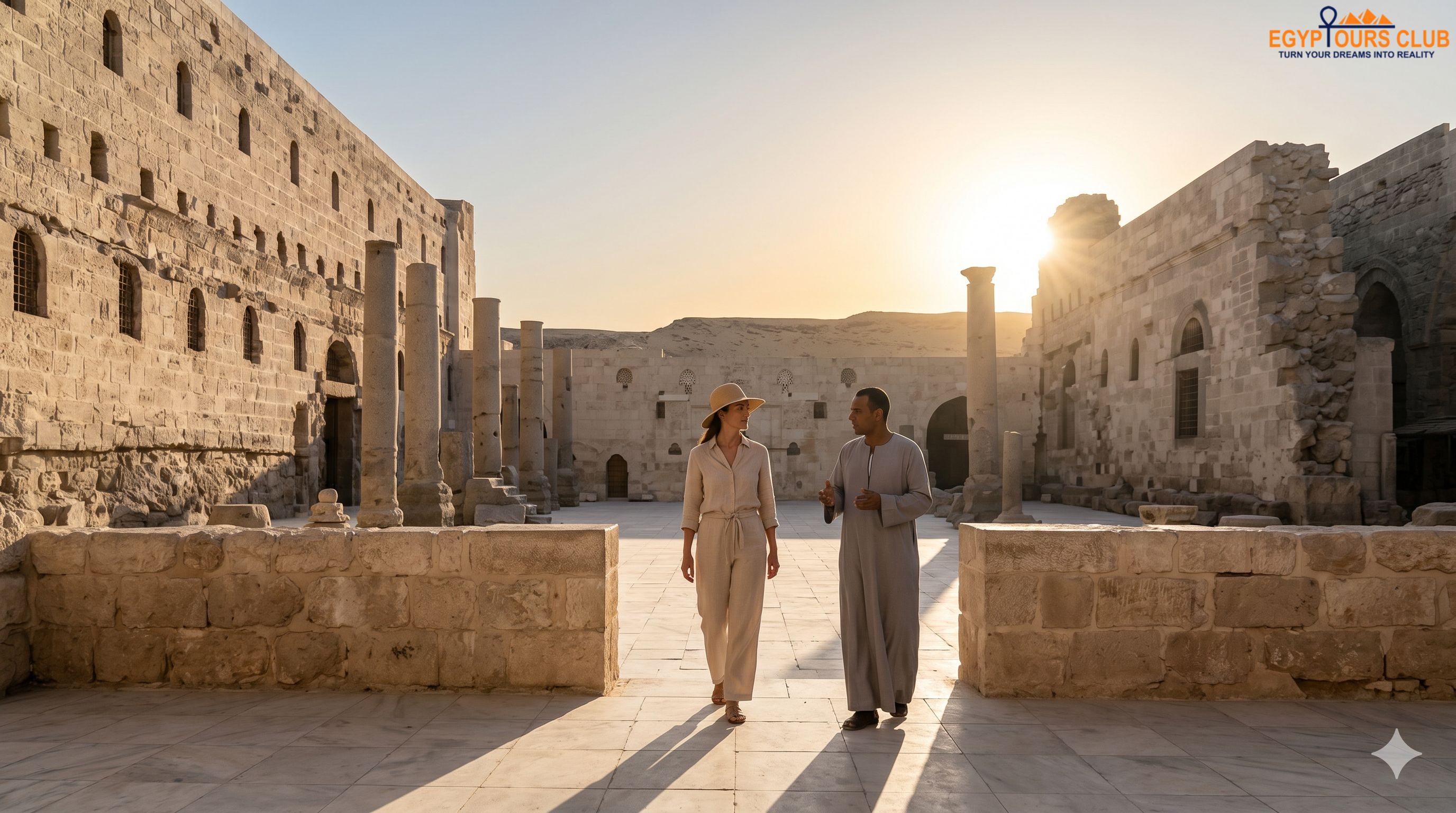 Private guide and traveler inside White Monastery Sohag courtyard