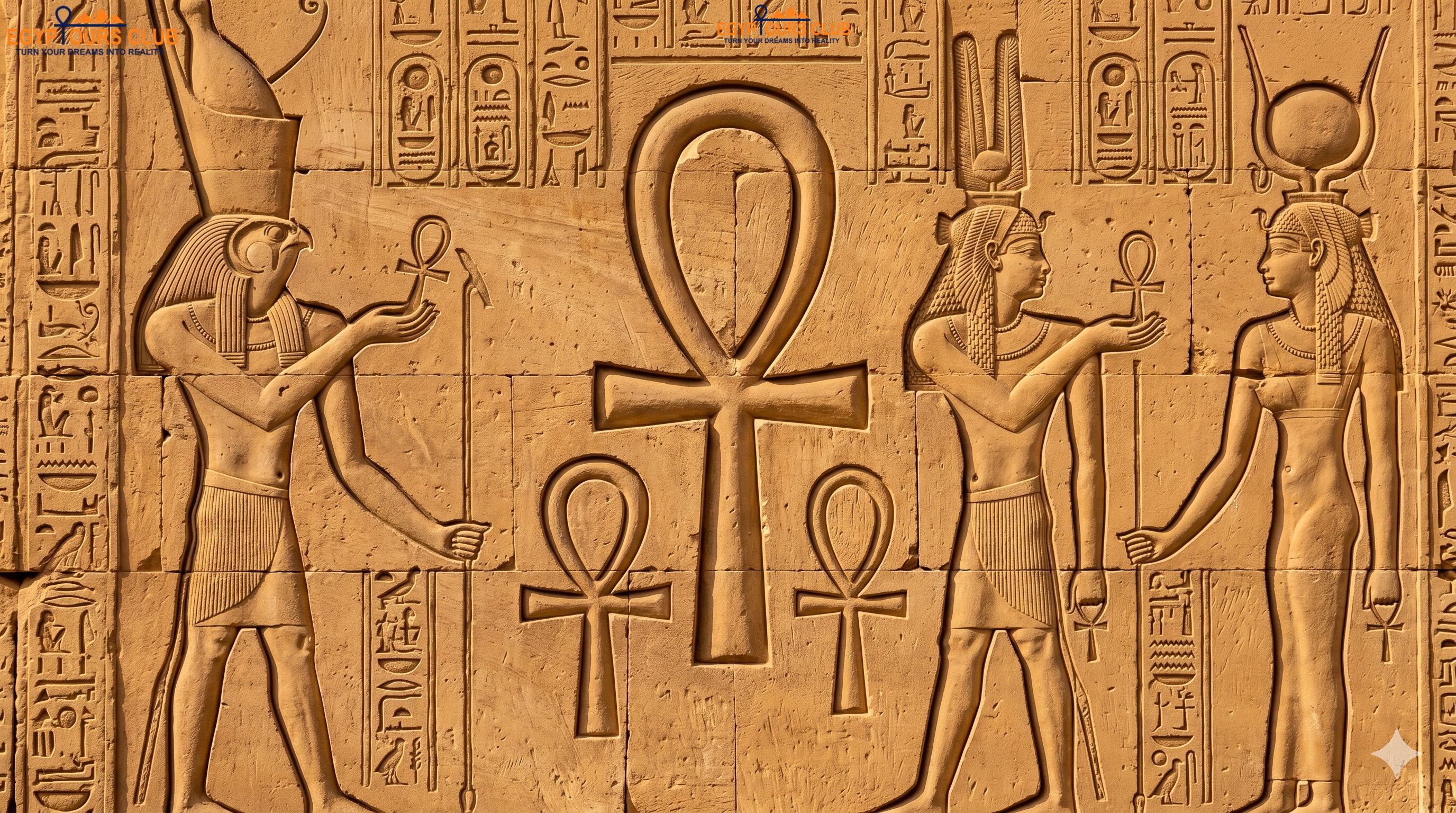 Ankh in Egyptian temple carvings with gods and royal figures
