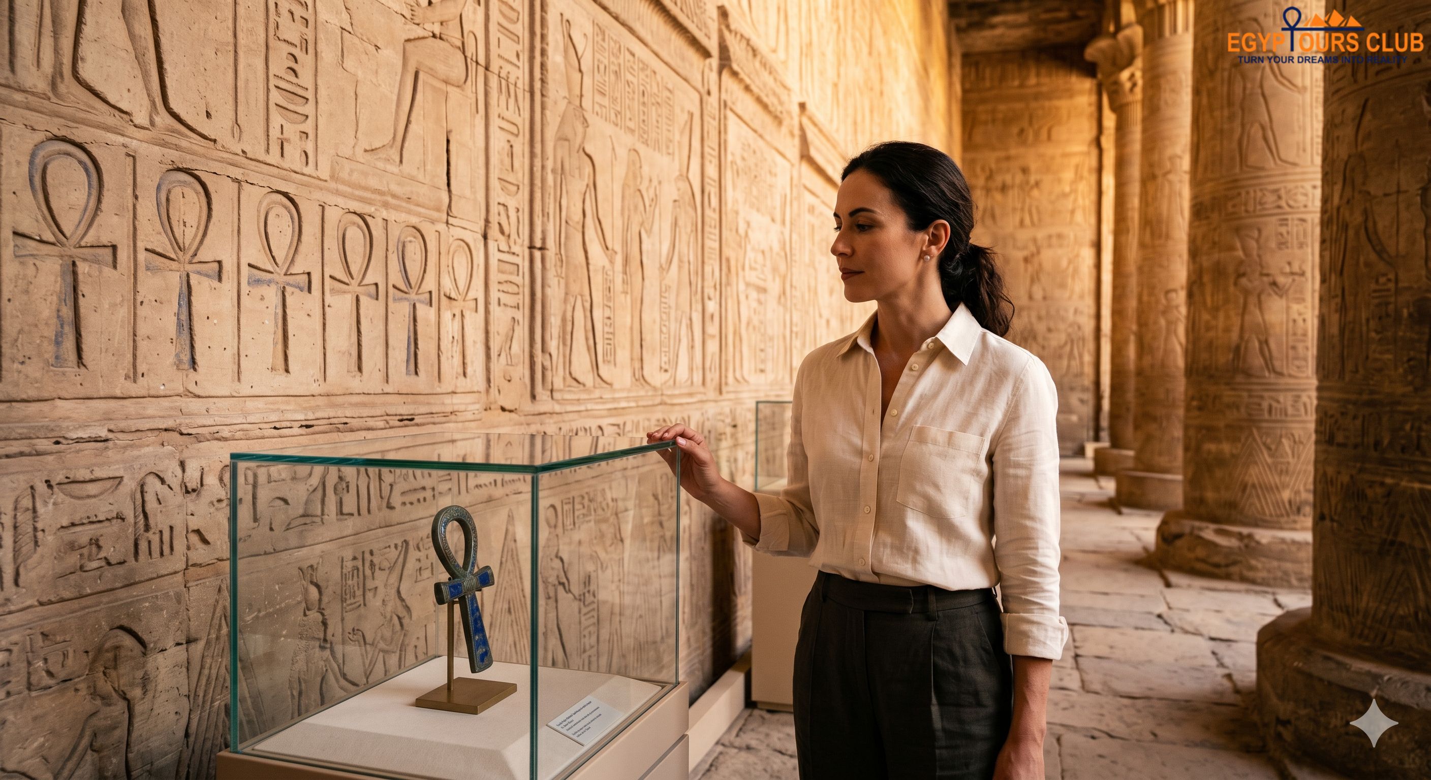 Travelers discovering ankh symbol in Egyptian temples and museum displays