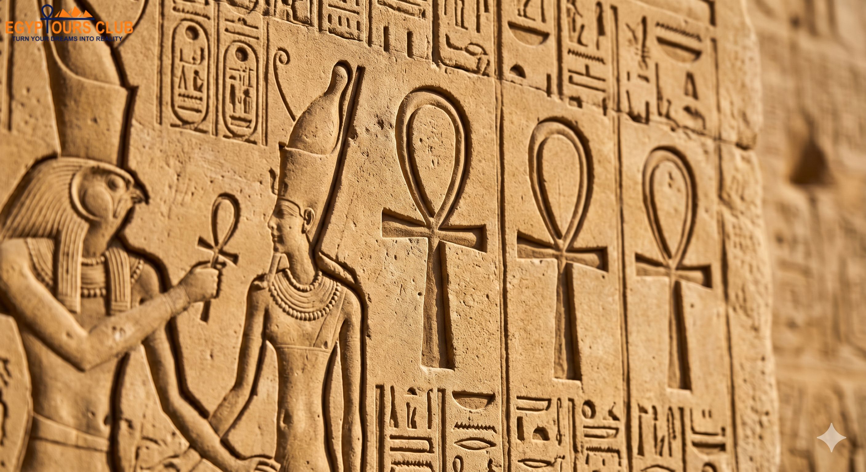 Ankh in Egyptian temples and wall carvings alongside gods and royal figures