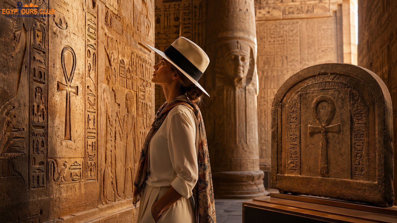 Travelers discovering the ankh symbol in Egyptian temples and museums during a cultural heritage tour