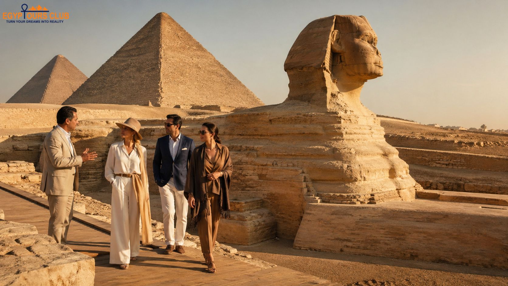 The Great Sphinx of Giza in Egypt showing its monumental body and desert setting beside the pyramids