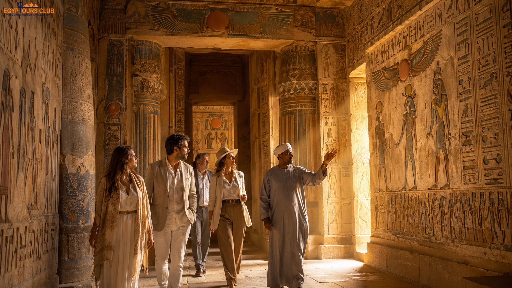 Travelers experiencing Egyptian sun gods themes on a private cultural tour in Egypt