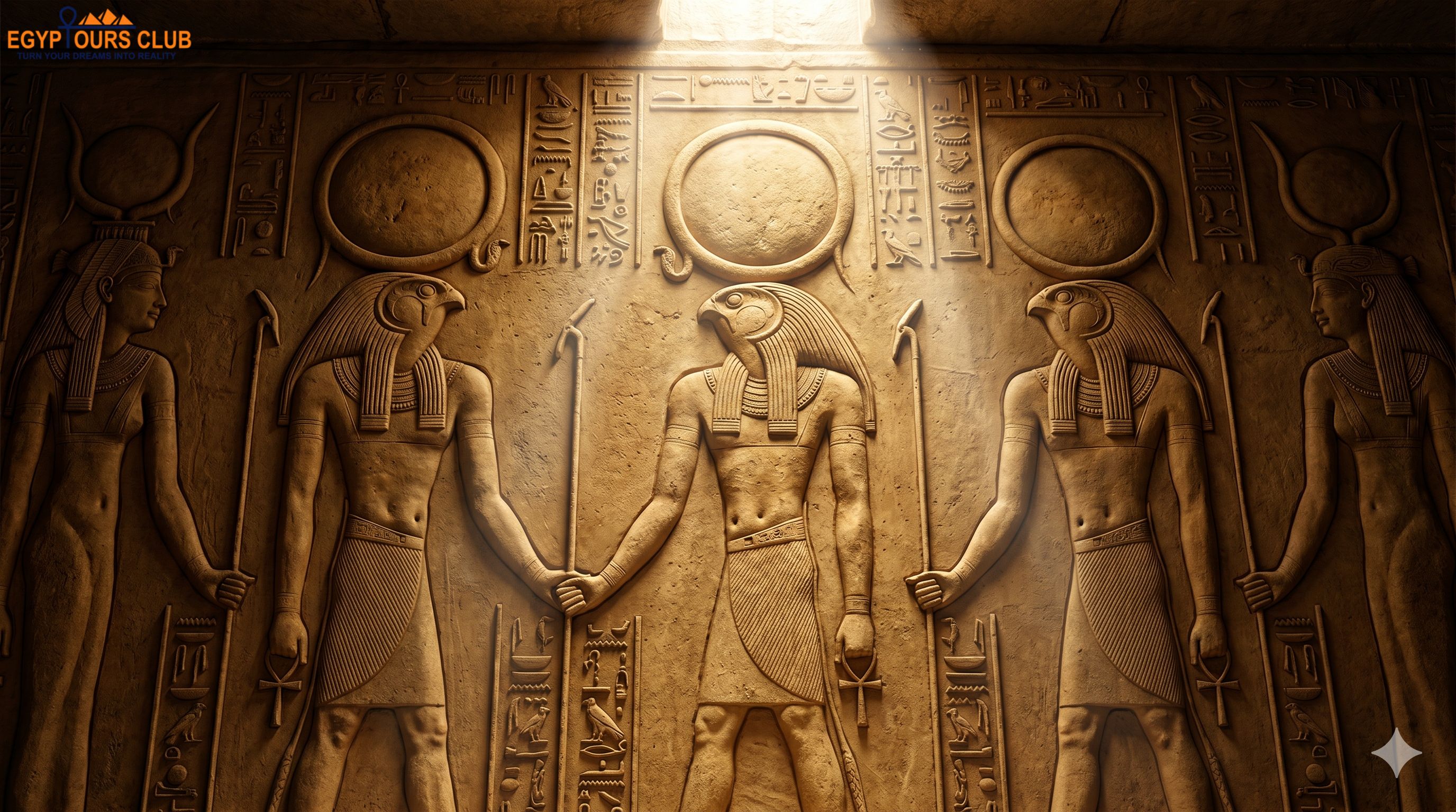 Ancient Egyptian solar deity carvings and sun god wall reliefs inside a temple in Egypt